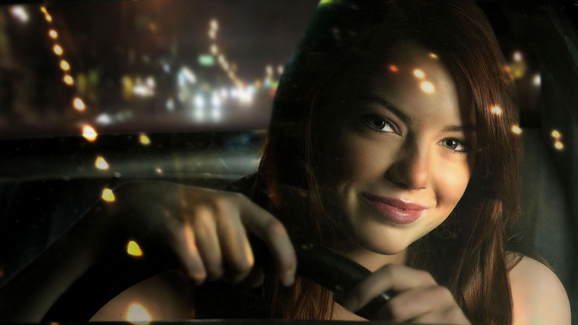 Emma Stone actress car lights women with cars hands steering wheel