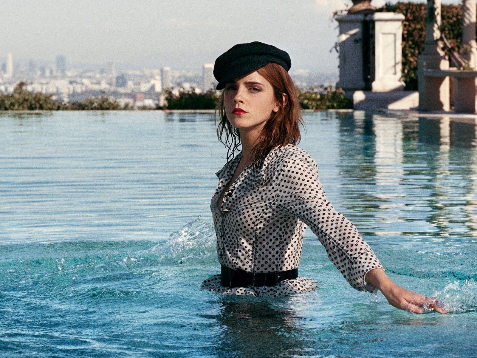 Emma Watson actress brunette women hat swimming pool water 2k