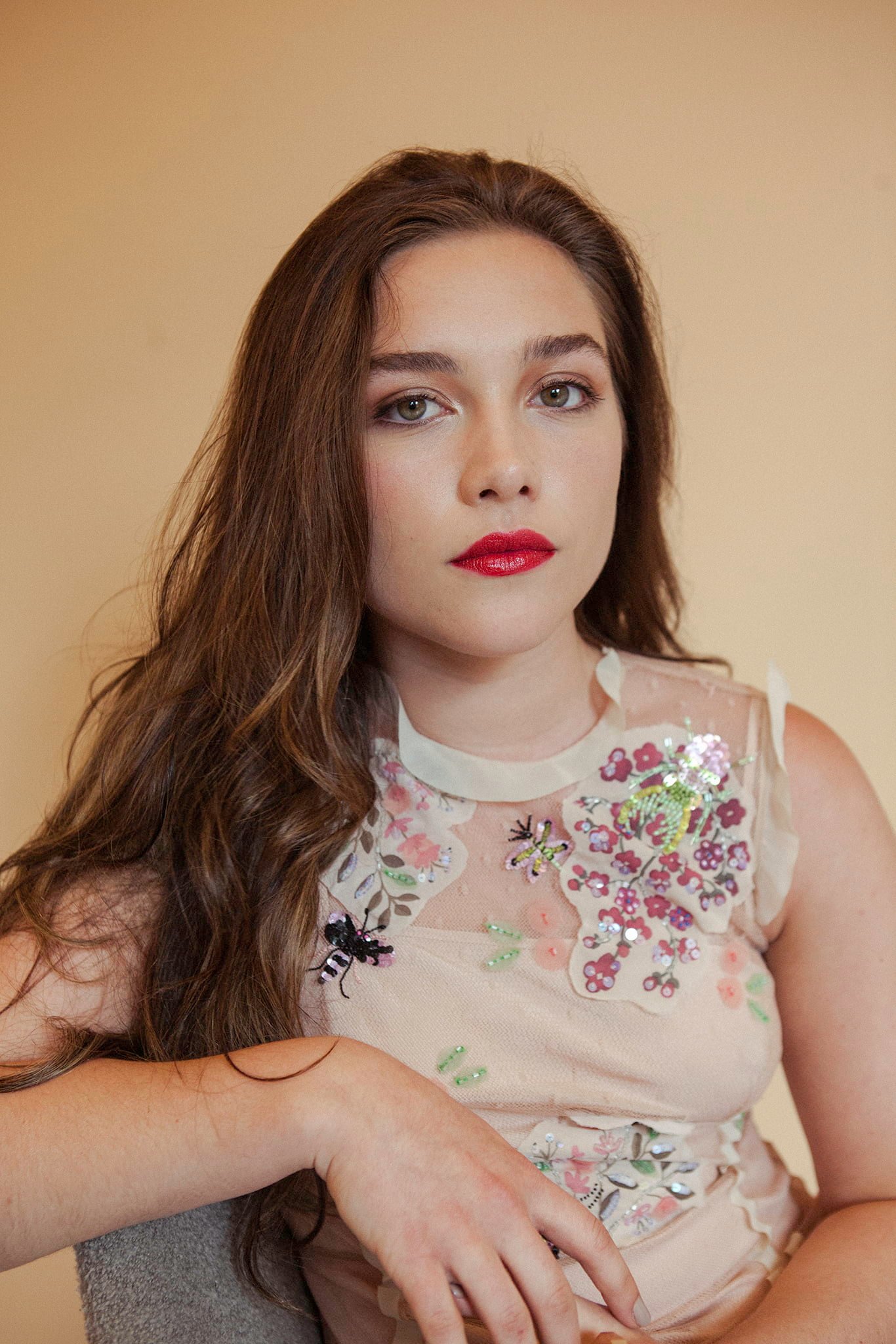 Florence Pugh women actress green eyes brunette long hair