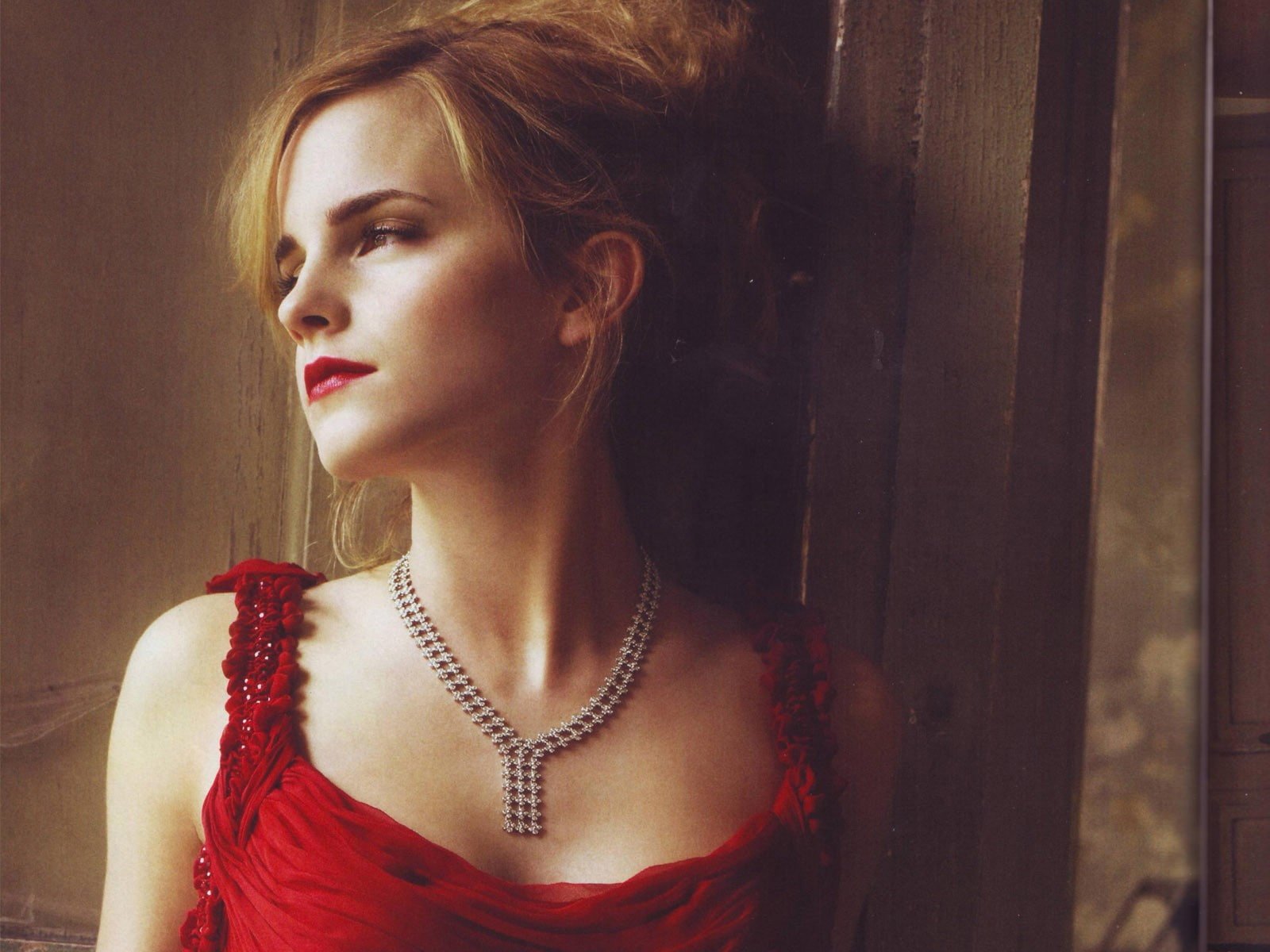 Emma Watson women actress necklace looking away red dress 90