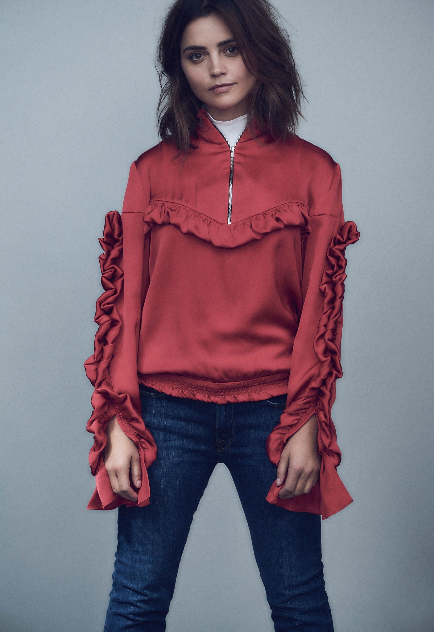 Jenna Coleman Actress women brunette jeans simple background