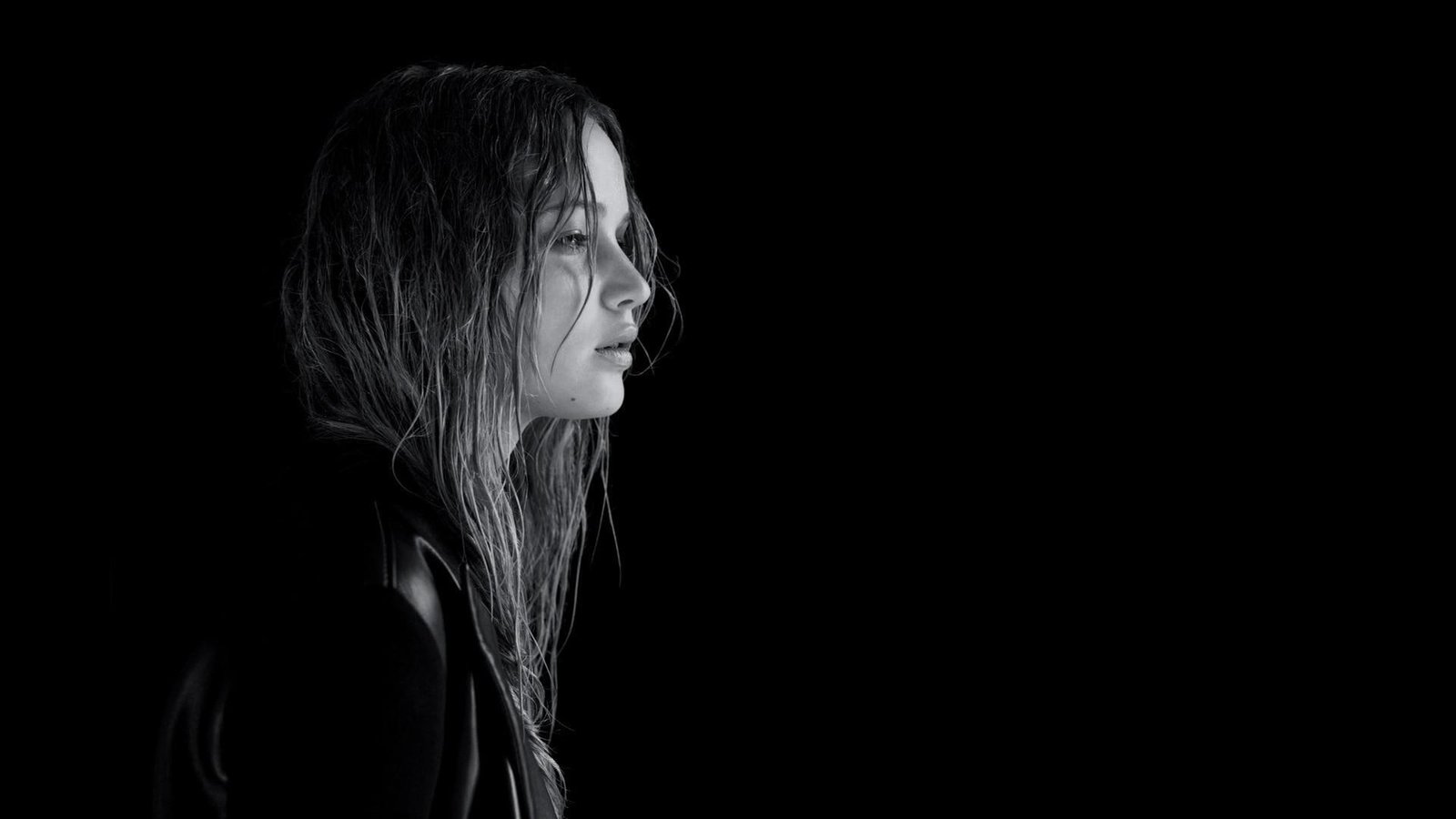 Jennifer Lawrence women actresses grayscale monochrome simple background black wet hair