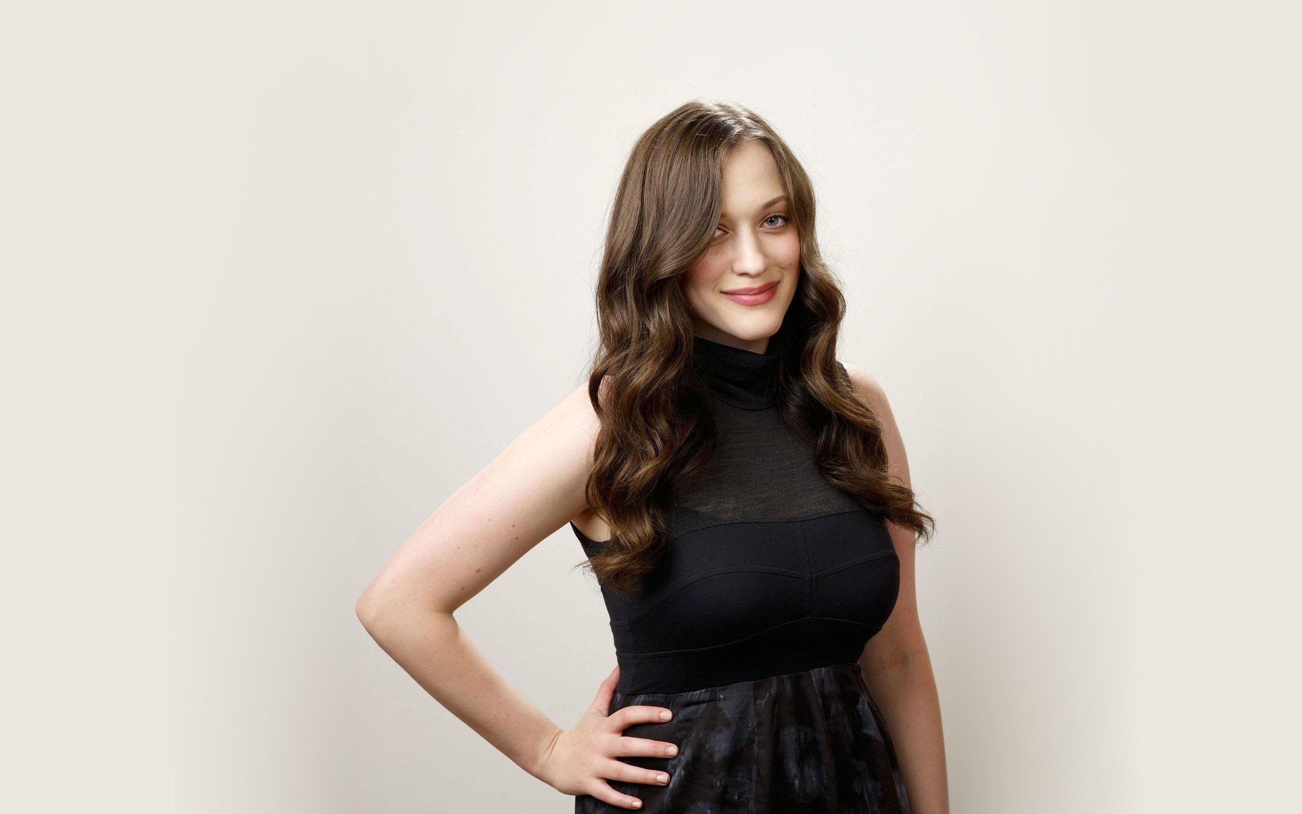 Kat Dennings actress simple background hands on hips brunette 2k