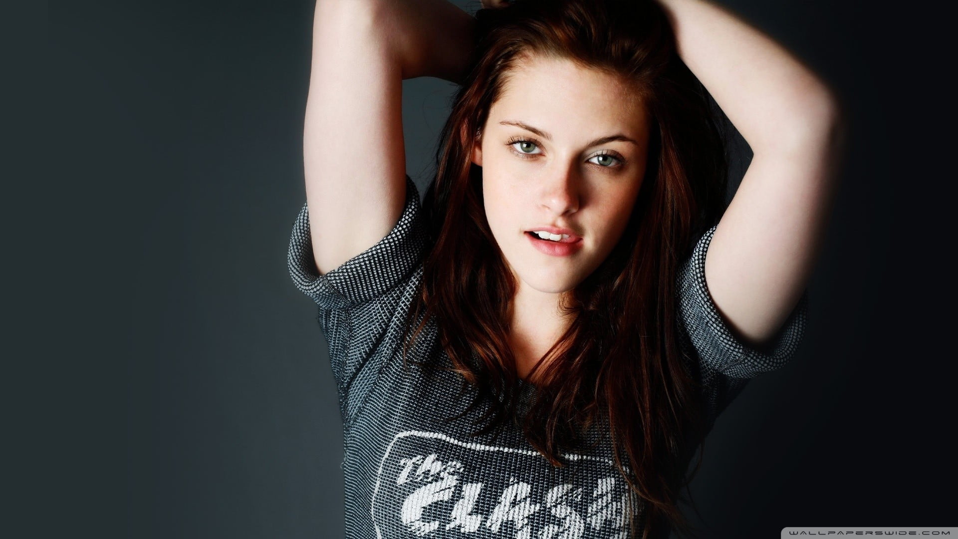 Kristen Stewart brunette face women long hair arms up eyes