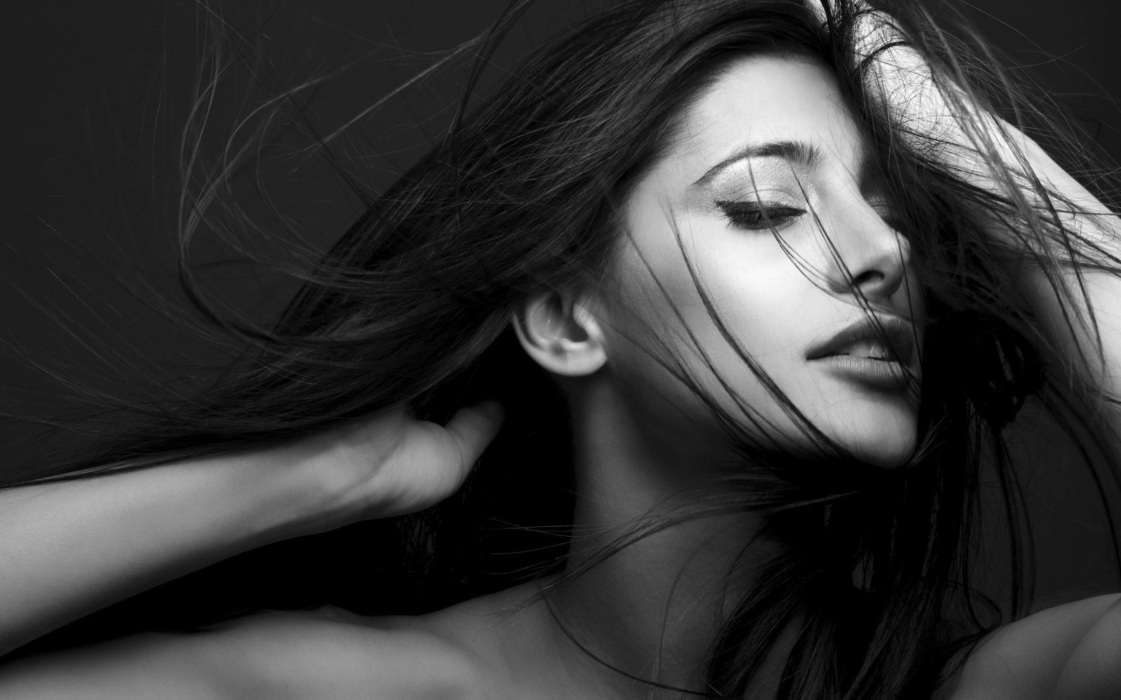 monochrome women Nargis Fakhri actress dark hair in face 2k