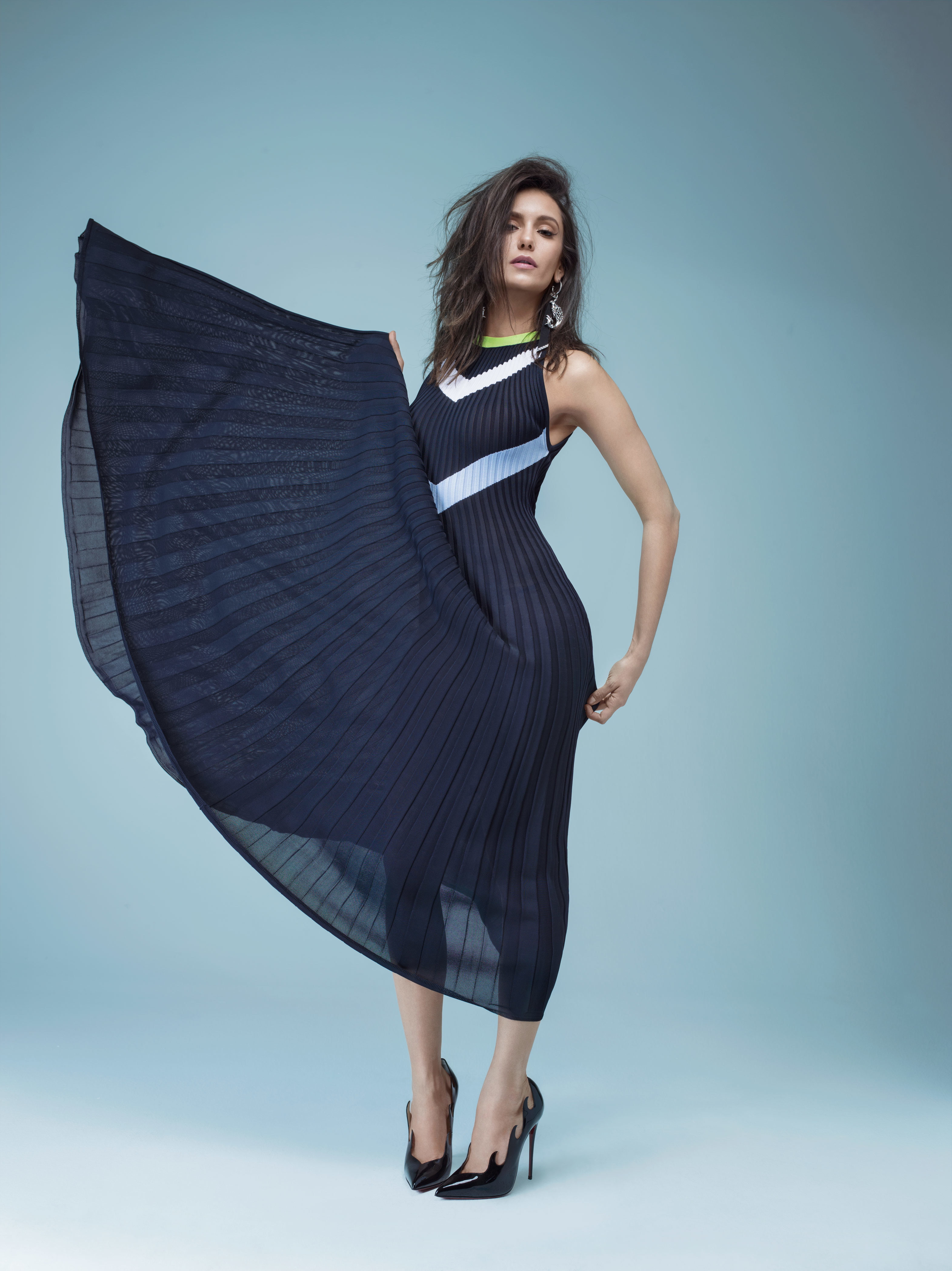 Nina Dobrev actress women blue dress brunette brown eyes 2k