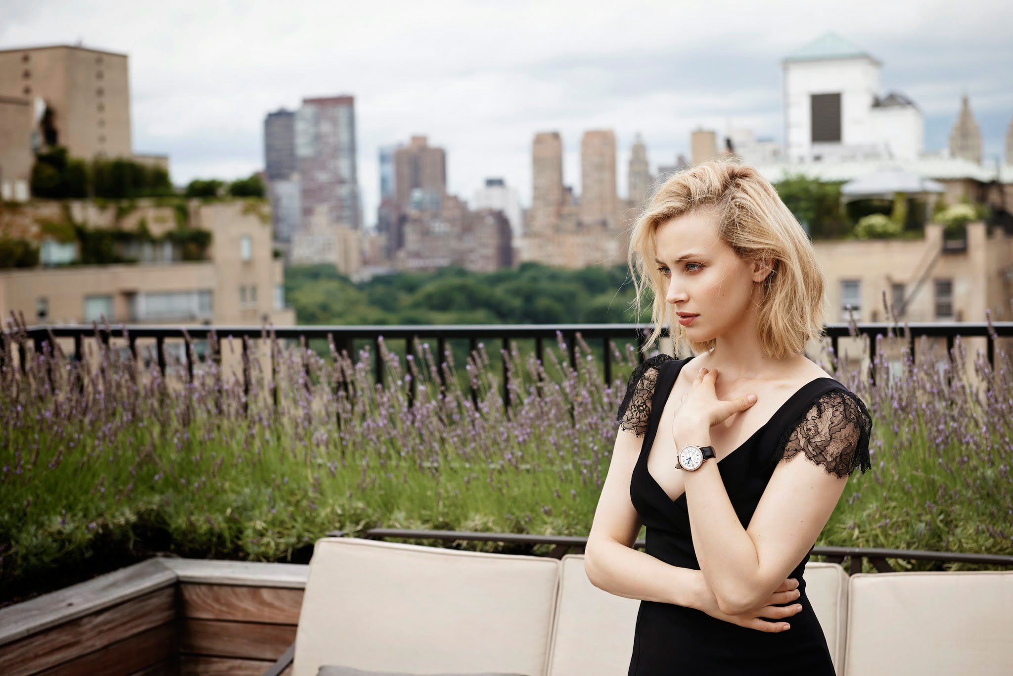 Sarah Gadon actress women blue eyes blonde rooftops black dress 2k