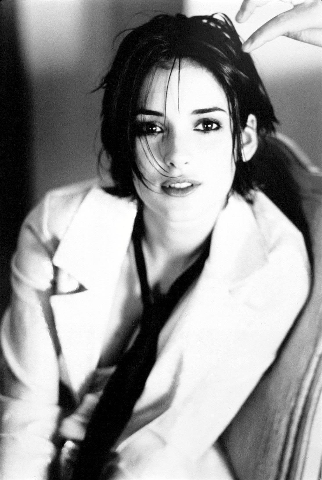 women actress monochrome Winona Ryder tie open shirt portrait
