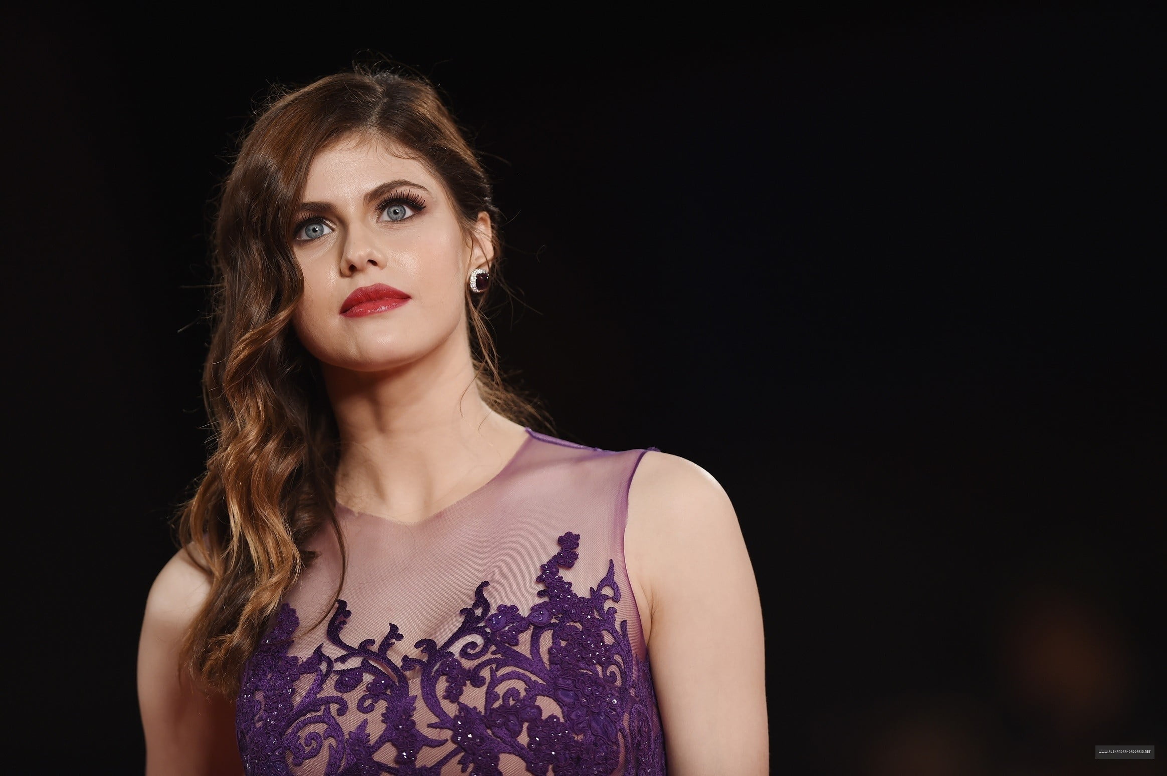 woman in purple top looking straight Alexandra Daddario women 2k