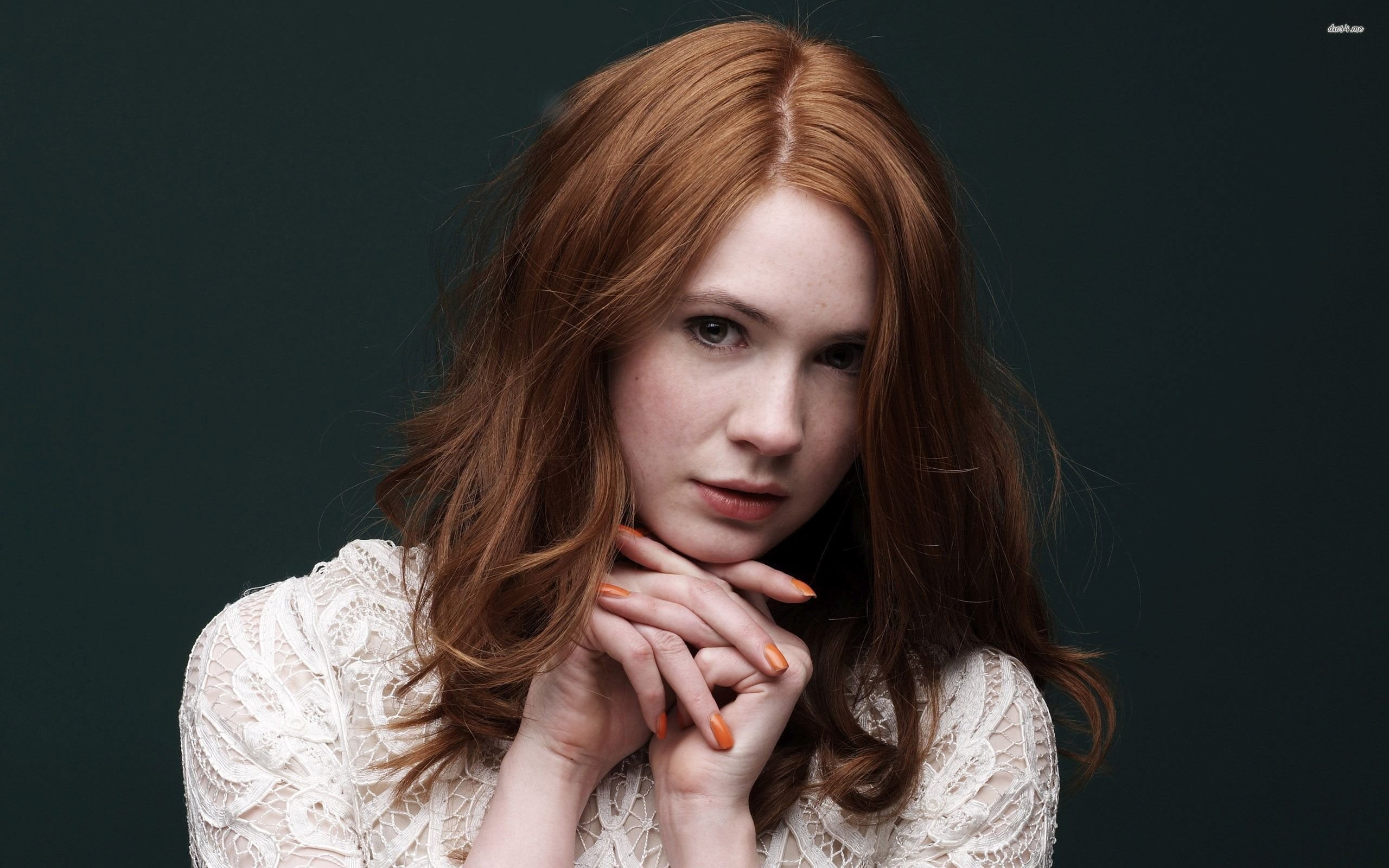 woman in white blouse redhead actress closeup Karen Gillan 2k