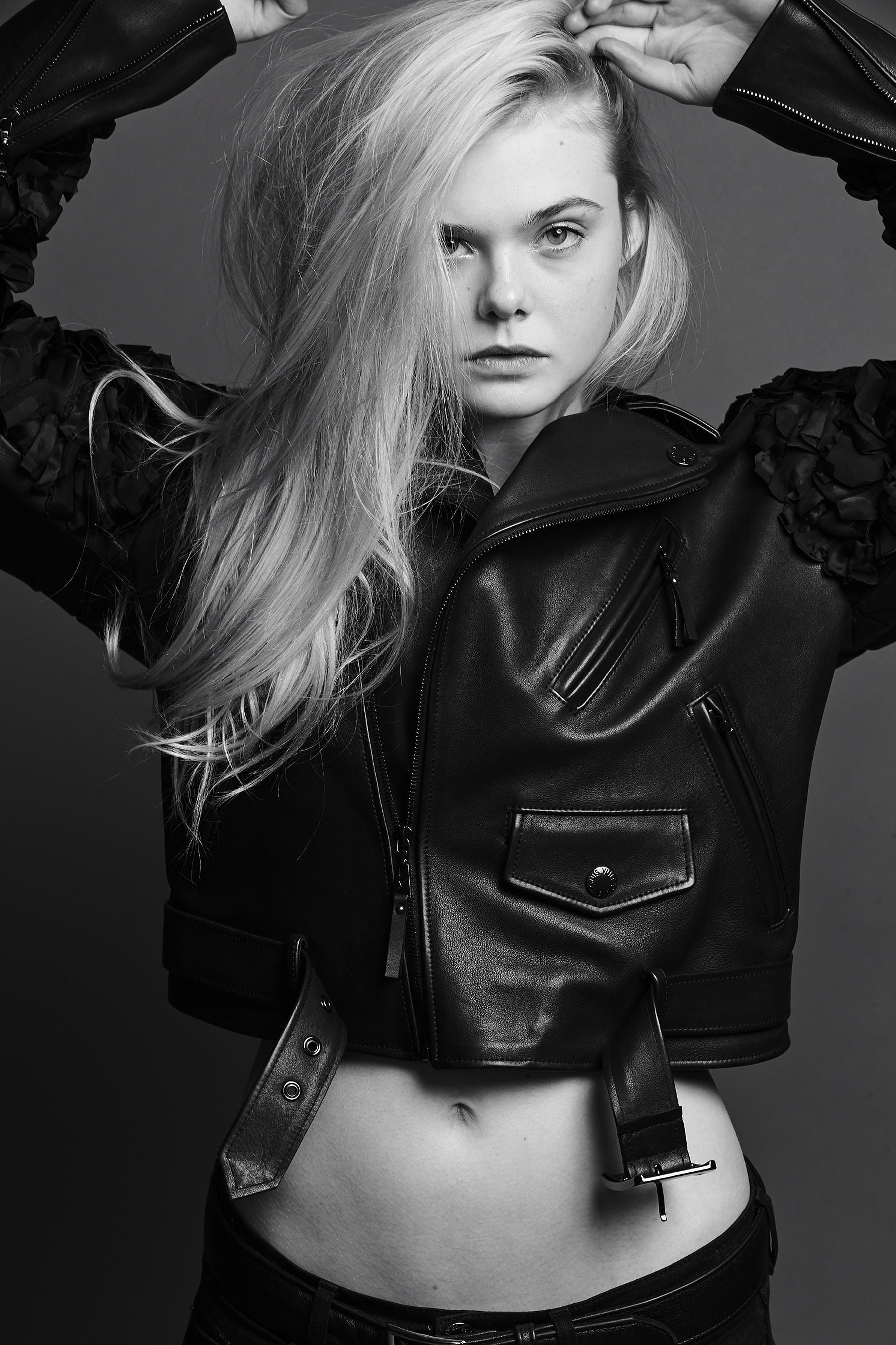 women Elle Fanning actress monochrome leather jackets