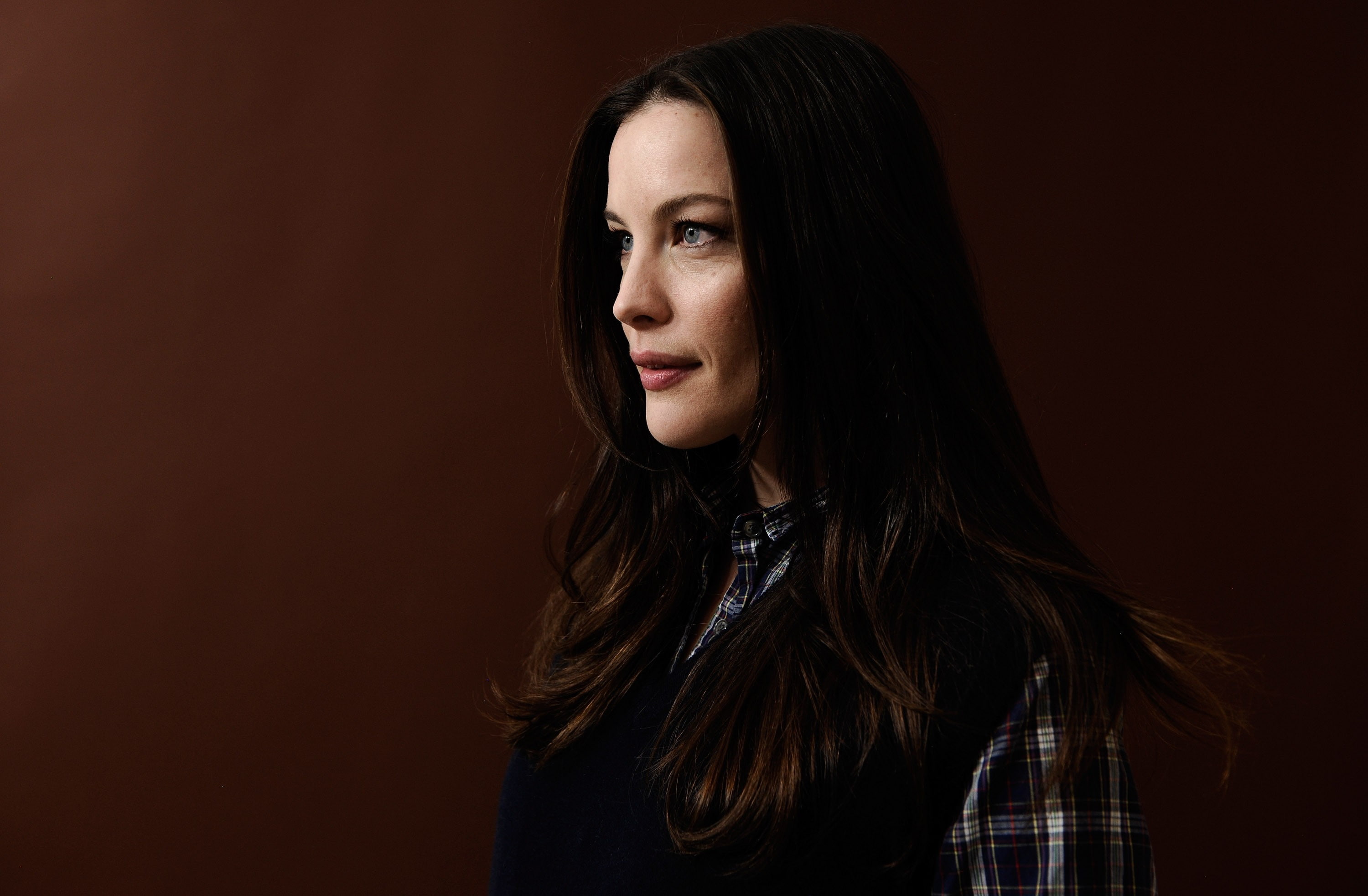 women Liv Tyler brunette blue eyes long hair actress simple background 2k