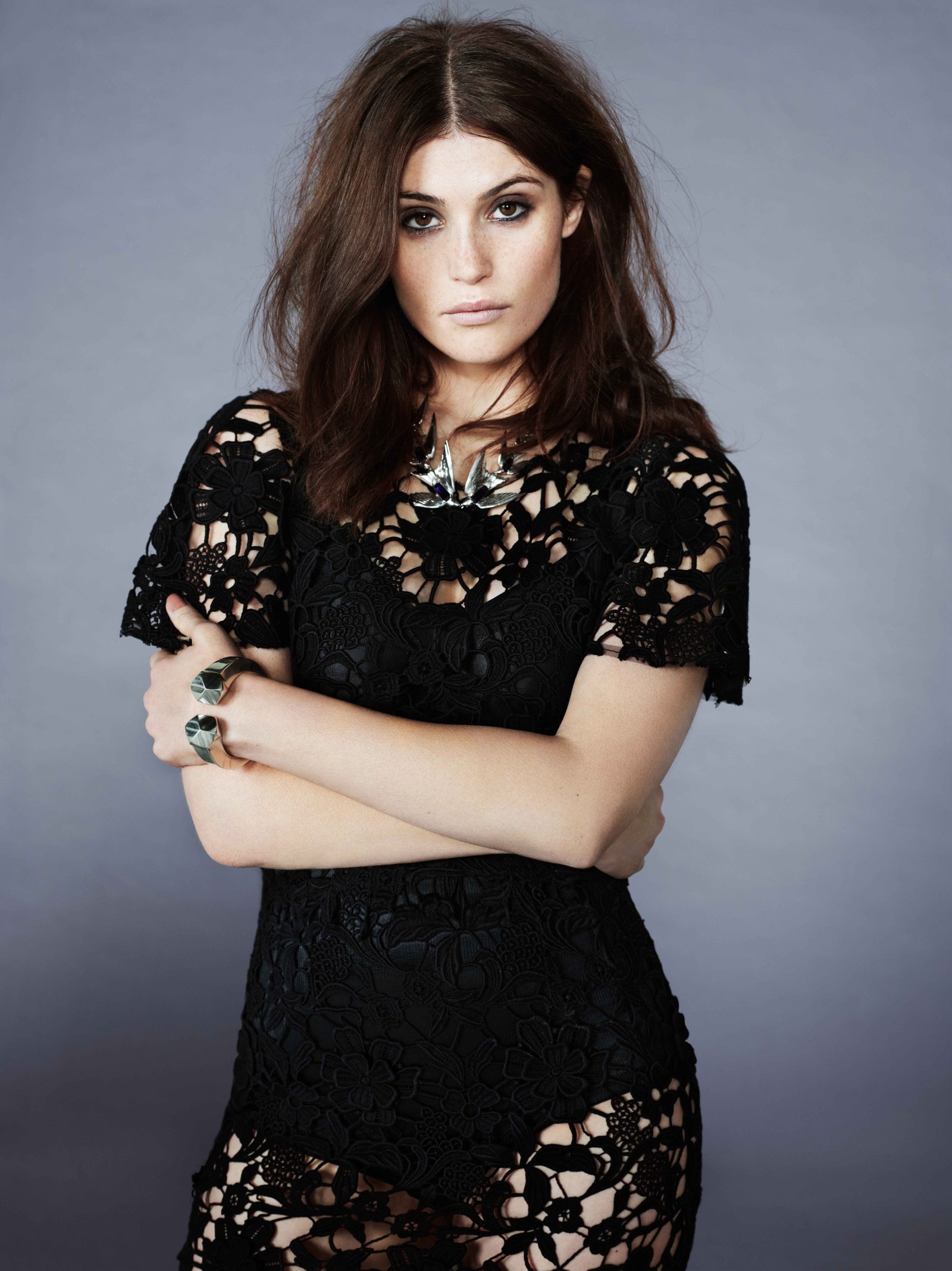 women's black floral short sleeved dress Gemma Arterton arms crossed 2k 4k 5k