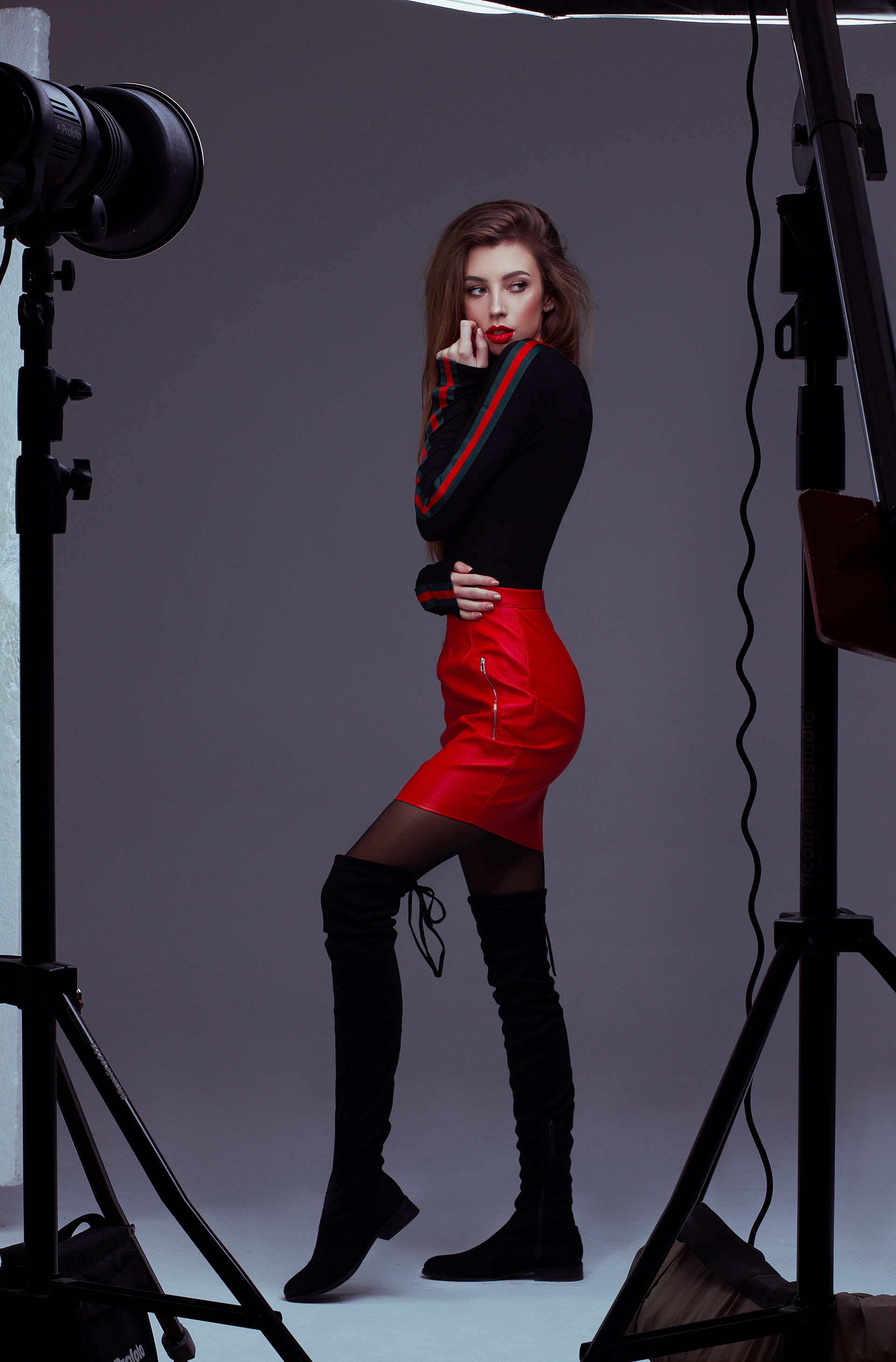 women model red lipstick long hair skirt boots one person