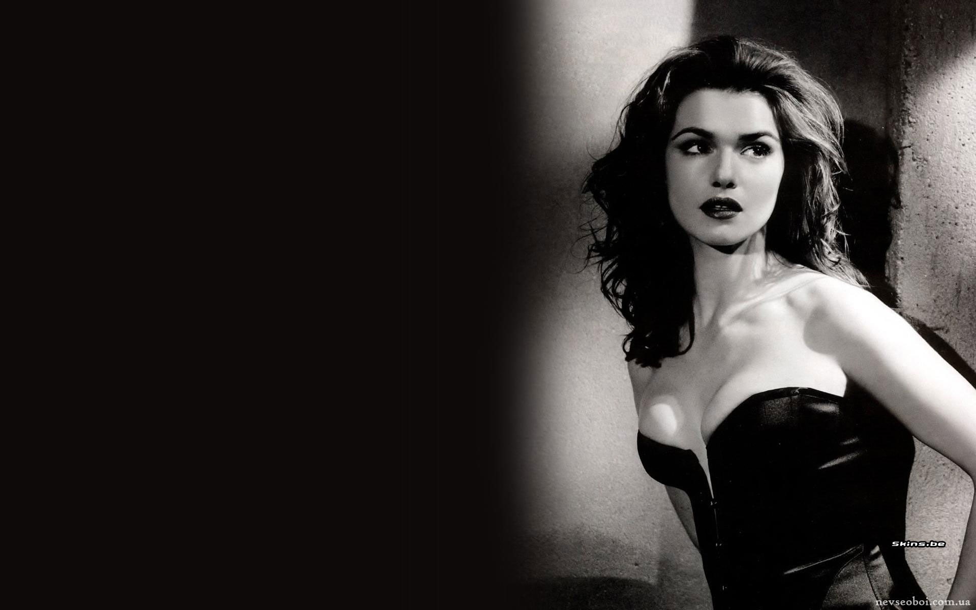 women Rachel Weisz monochrome cleavage bare shoulders long hair
