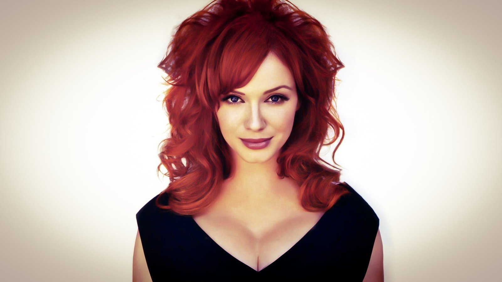 women's black sleeveless V neck top Christina Hendricks redhead
