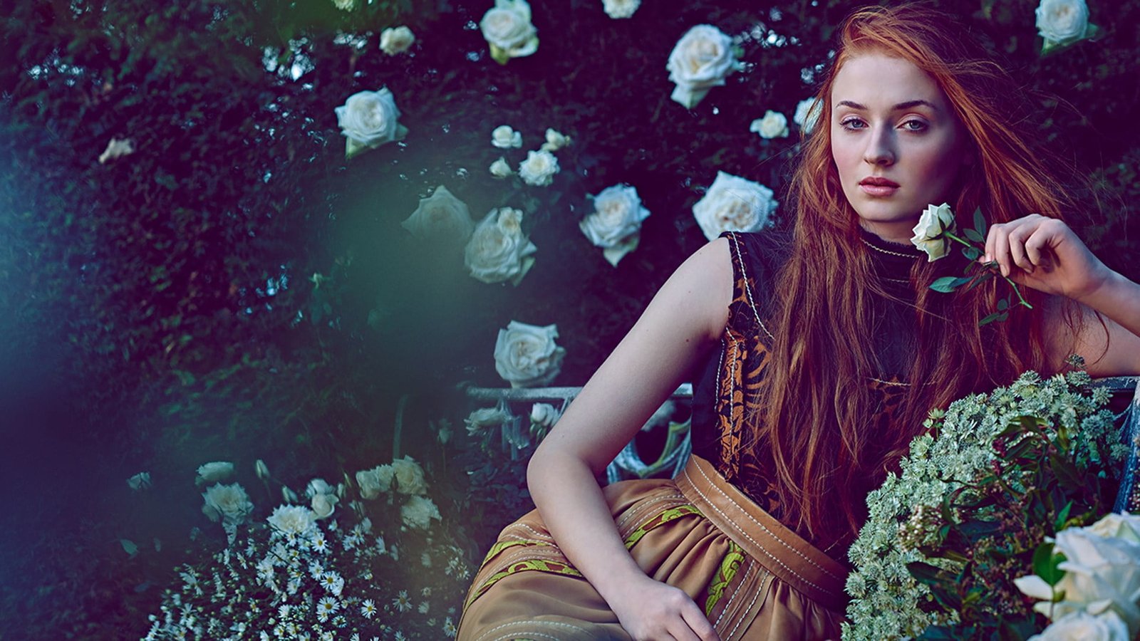 women redhead Sophie Turner long hair actress flowers