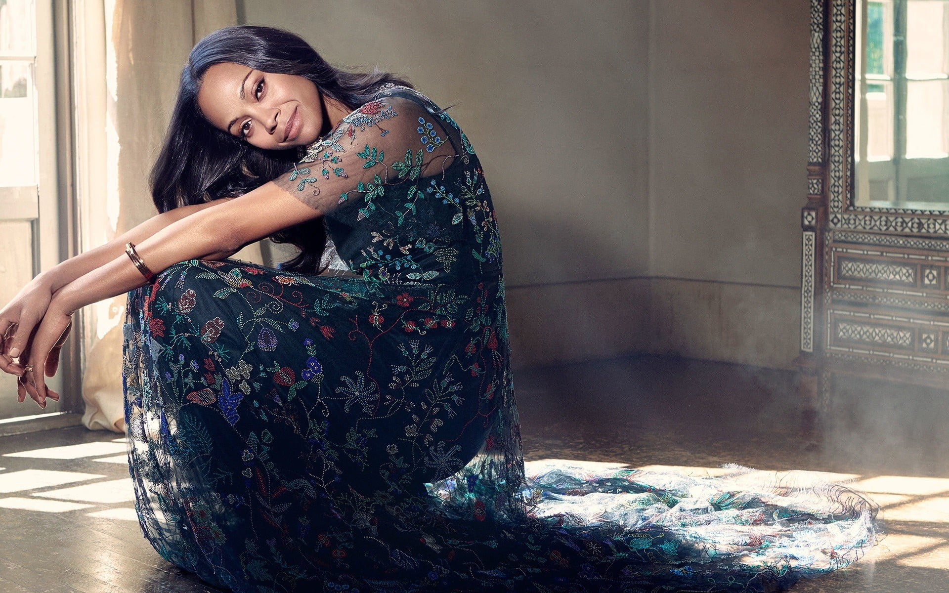 women Zoe Saldana brunette dress squatting actress one person