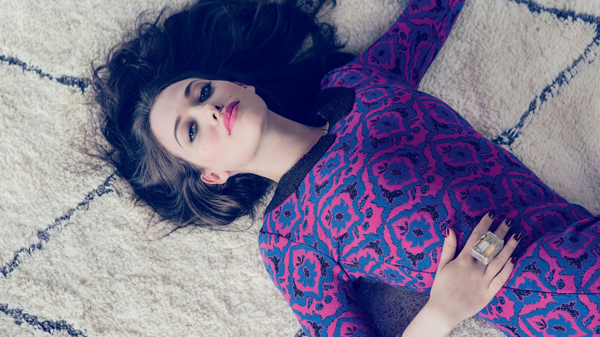 women's blue and purple floral top Kat Dennings photography