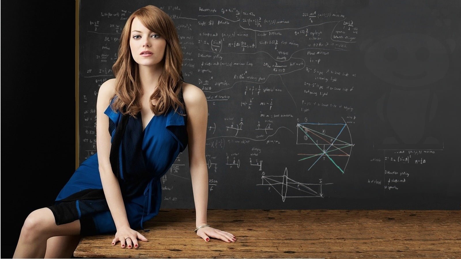 women's blue sleeveless dress Emma Stone actress chalkboard