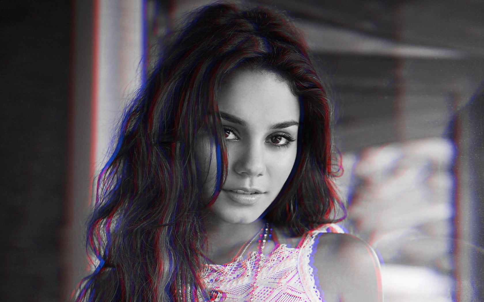 women's pink and white floral dress anaglyph Vanessa Hudgens