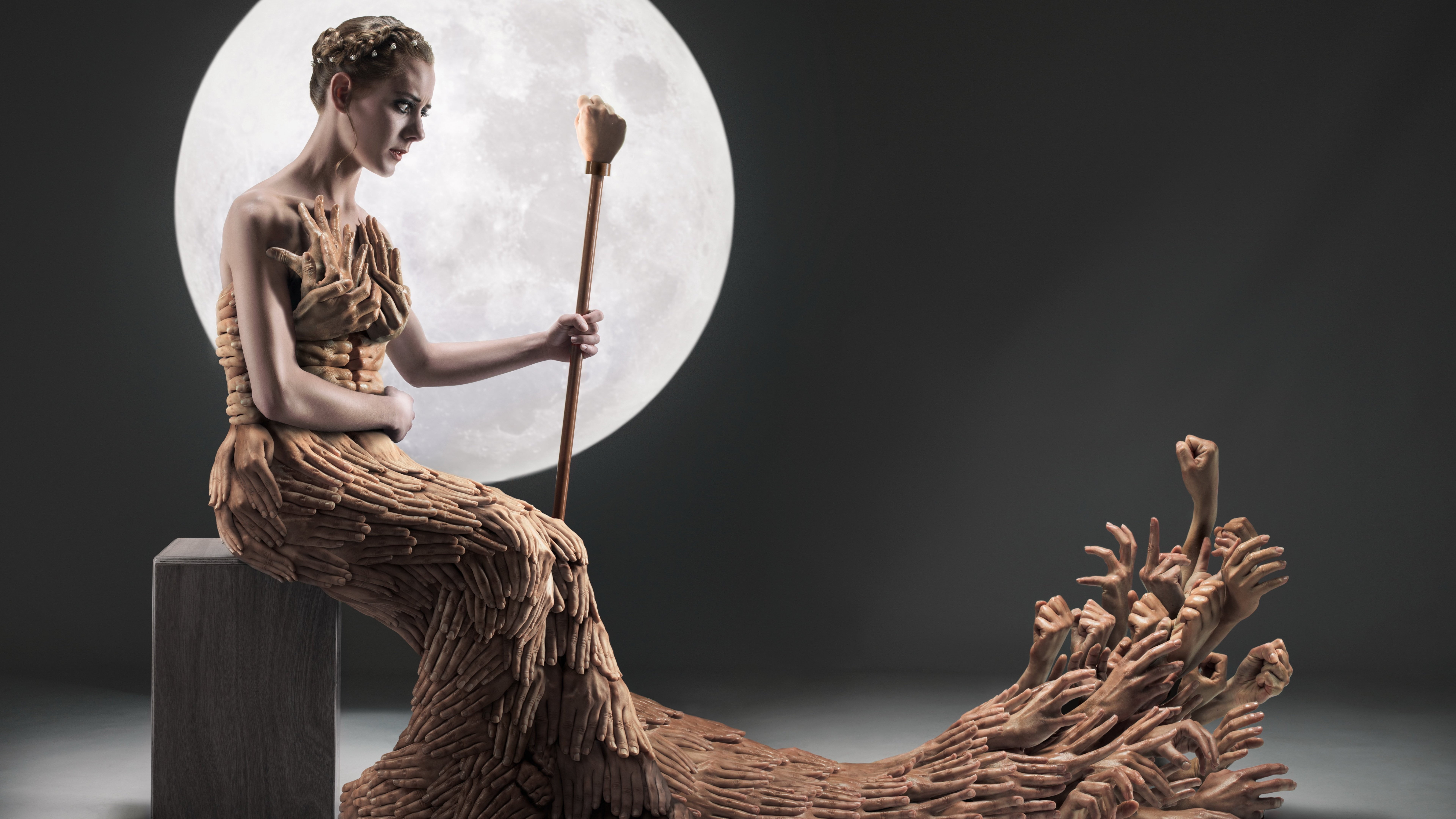 women Moon hands photo manipulation studio shot indoors 2k 4k 5k 8k