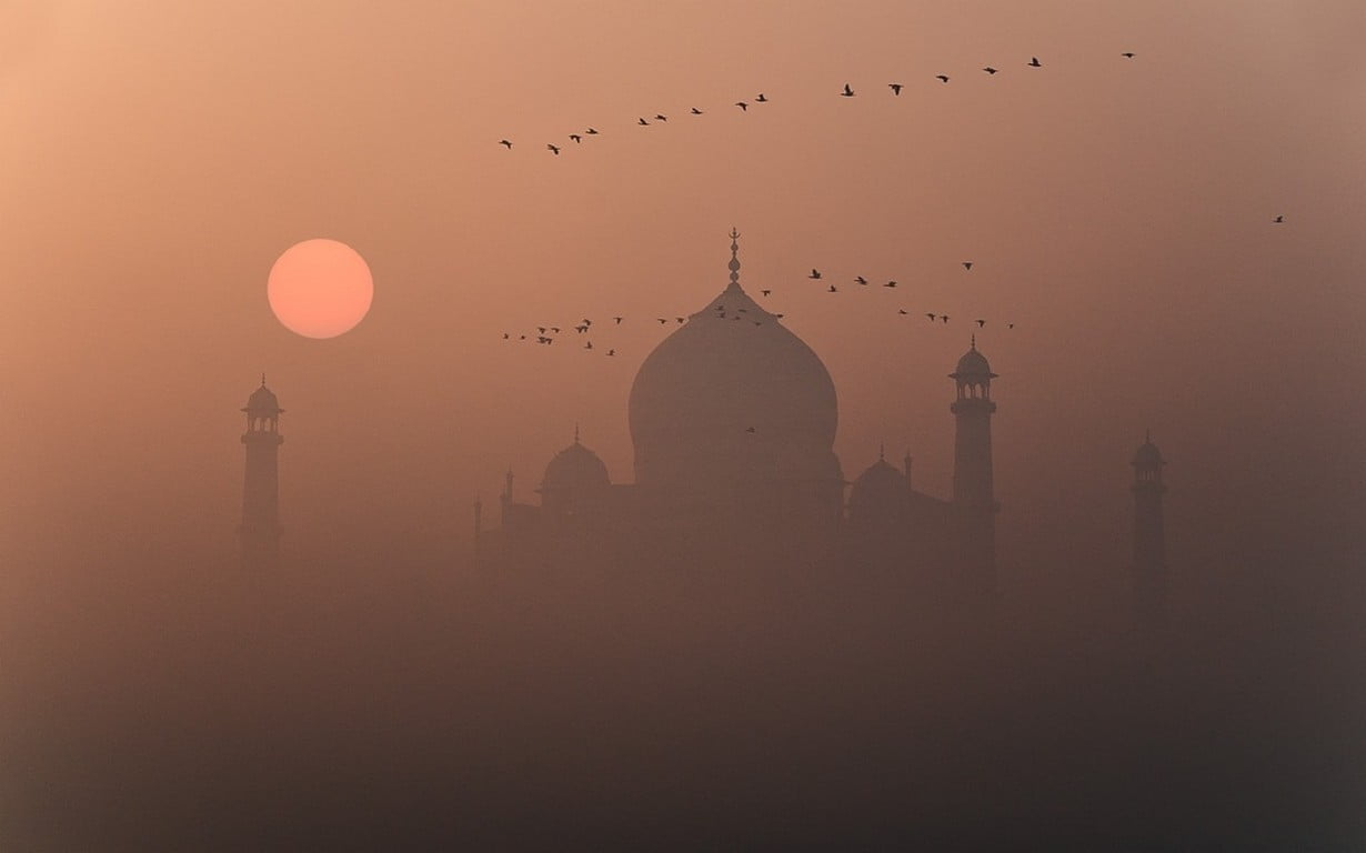 Taj Mahal India nature mist sunset birds flying marble