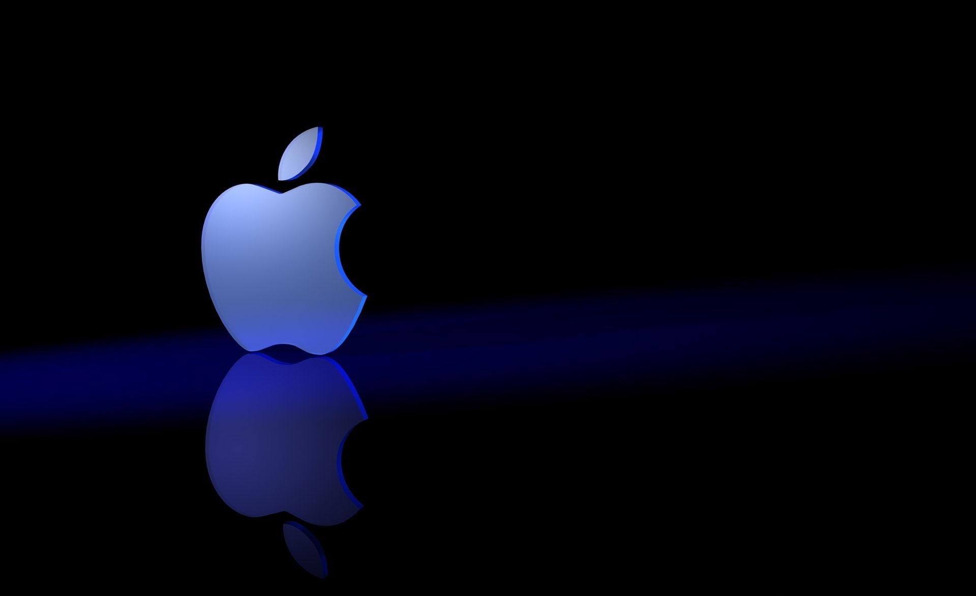 Brand Apple Logo Computers Mac Blue Black Reflection black background 2k