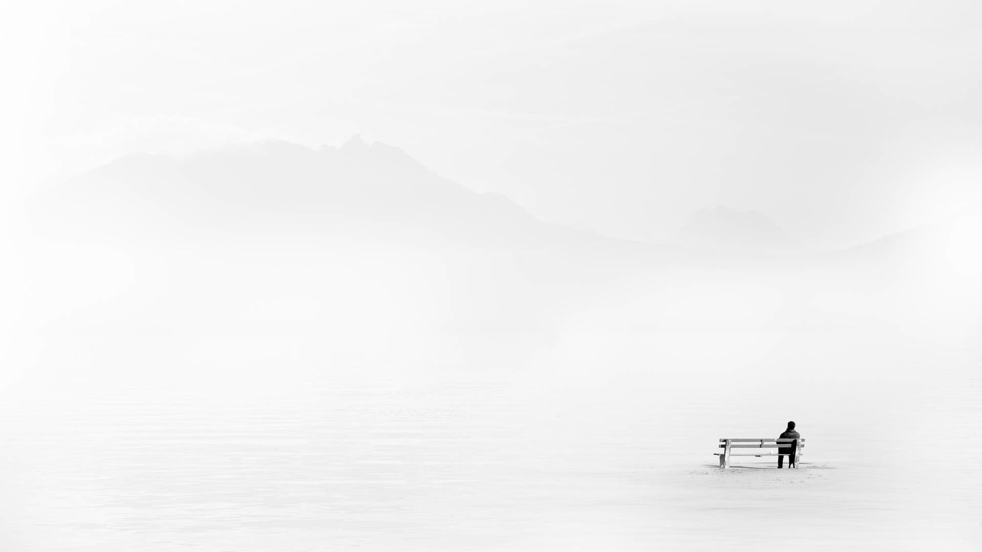 sitting white background alone winter men mountains bench 2k