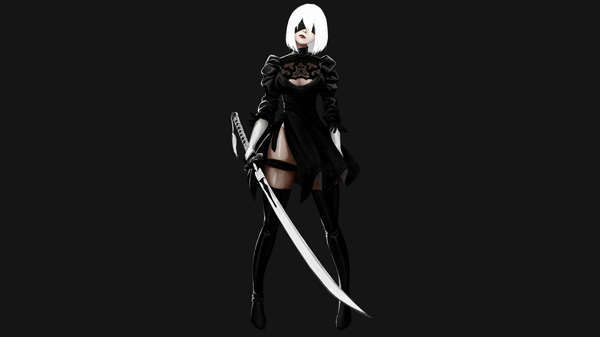 white haired female character holding katana illustration Nier Automata 2k