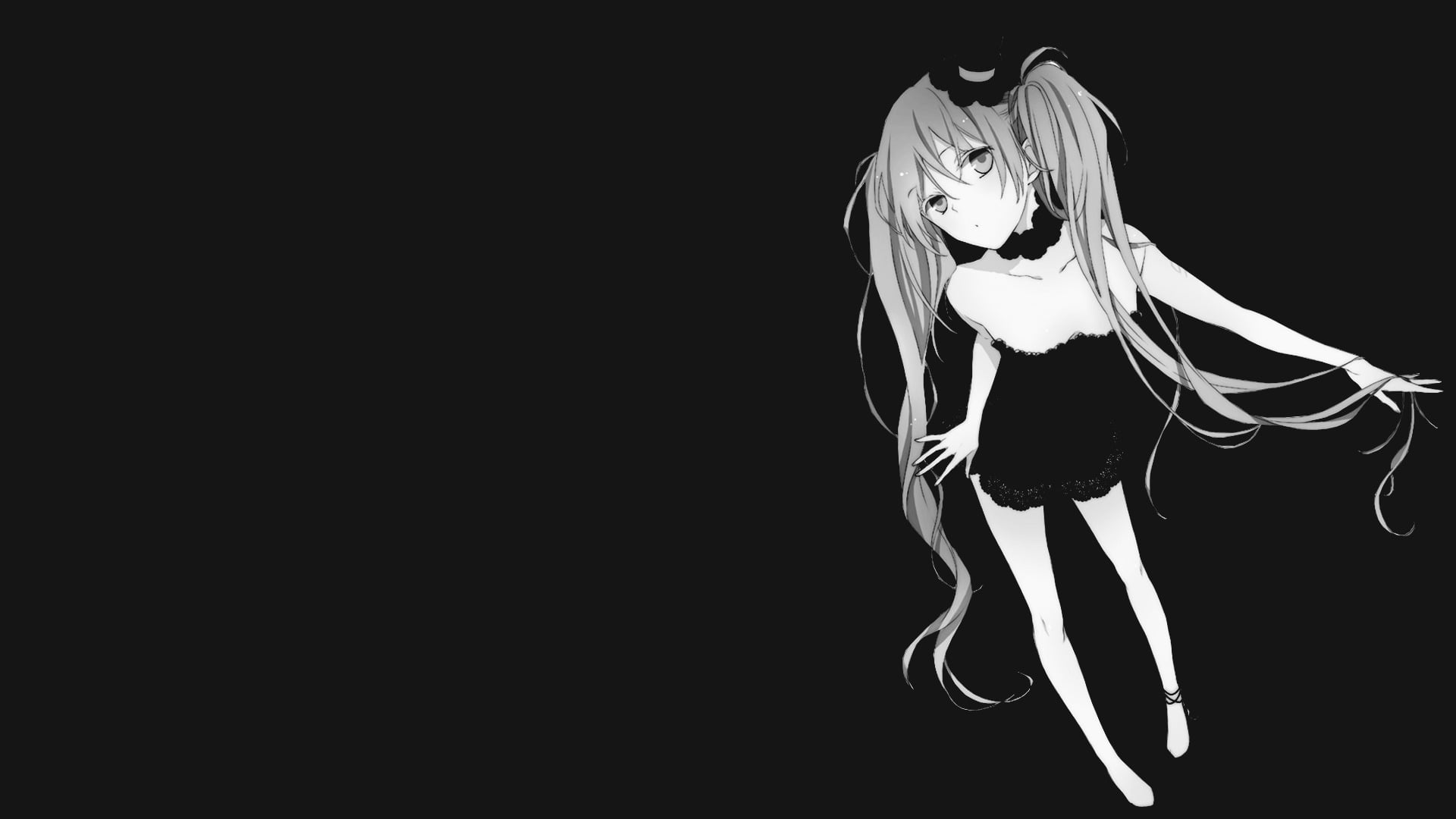female anime character illustration Vocaloid Hatsune Miku monochrome 2k