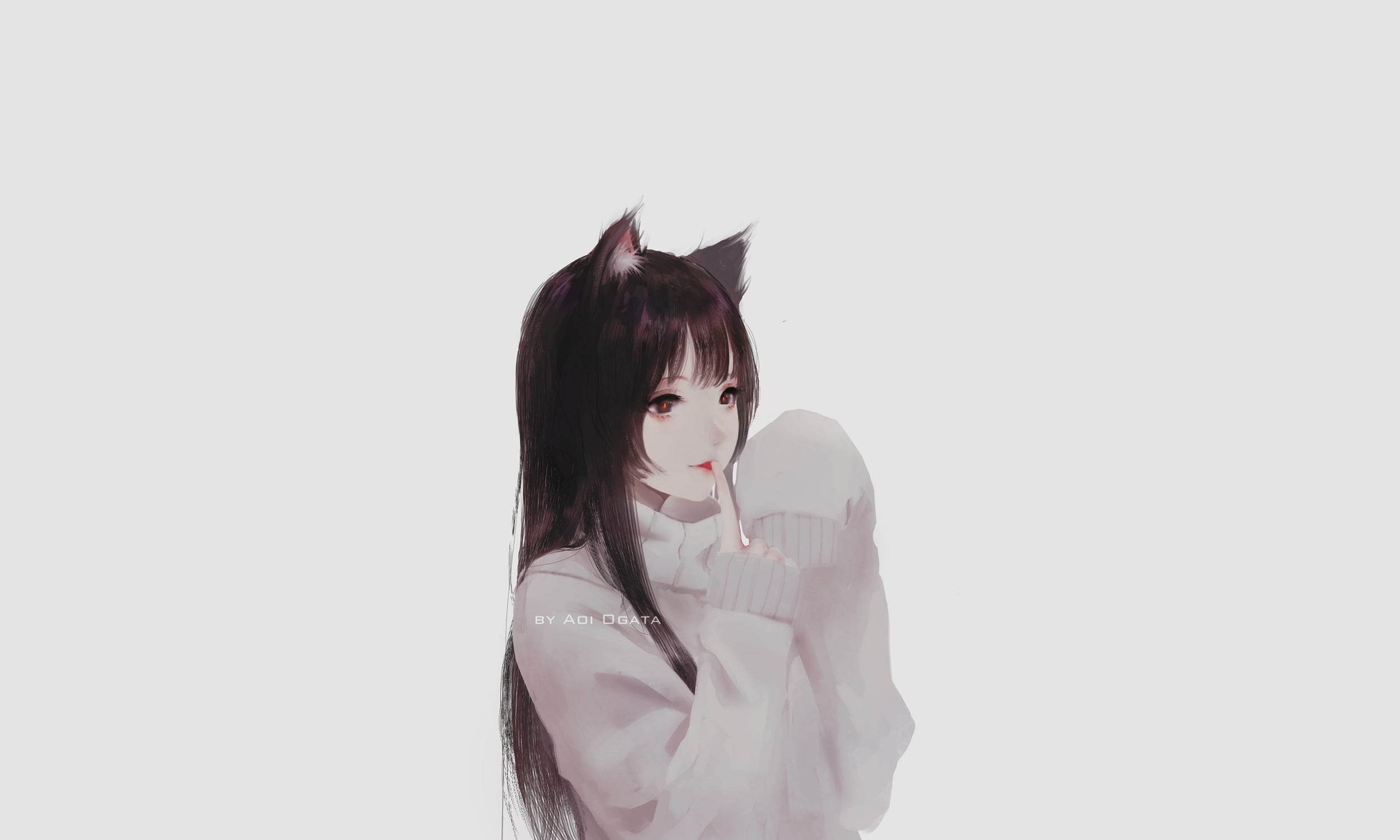 anime girls Aoi Ogata artwork simple background cat ears 2k