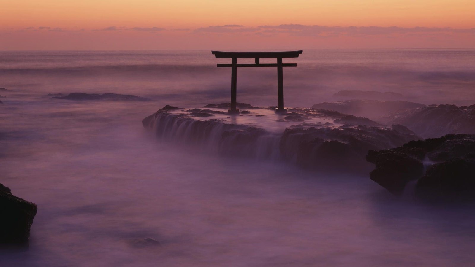 red wooden gate nature landscape torii Japan Asia rock 2k