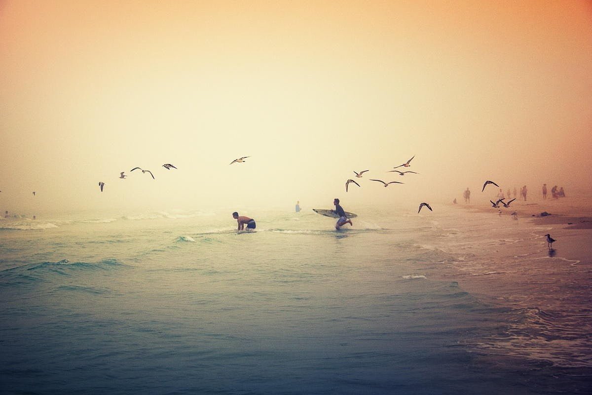 two people on body of water during golden hour Omaha Beach surfers