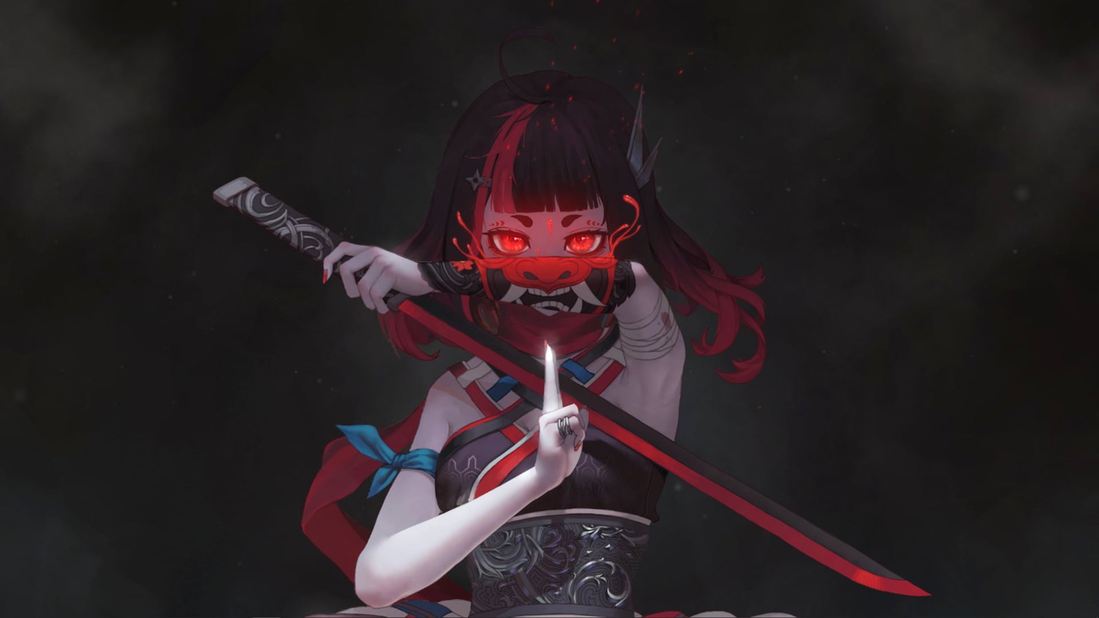 anime girls sword red fan art Devil ninja girl 2k