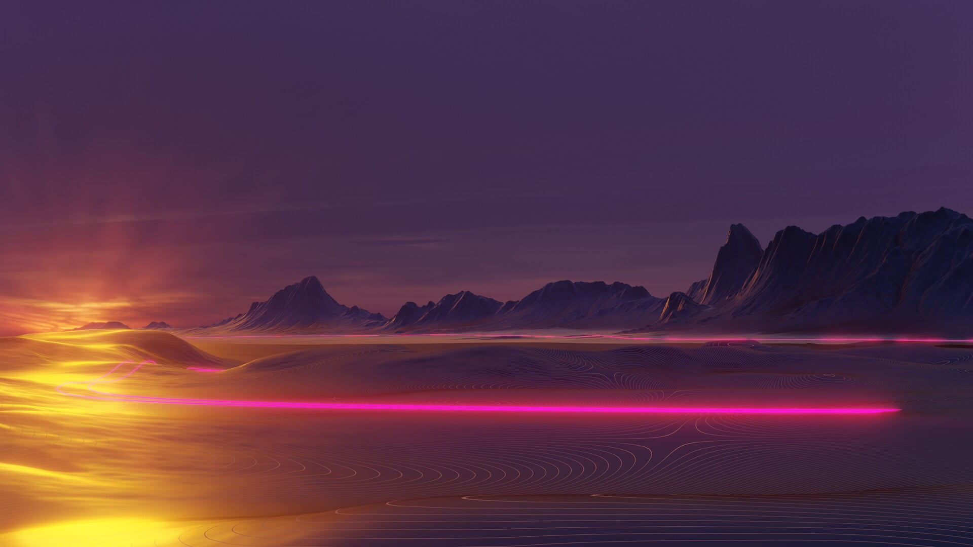 artwork Retrowave vaporwave neon glow sunset mountains 2k