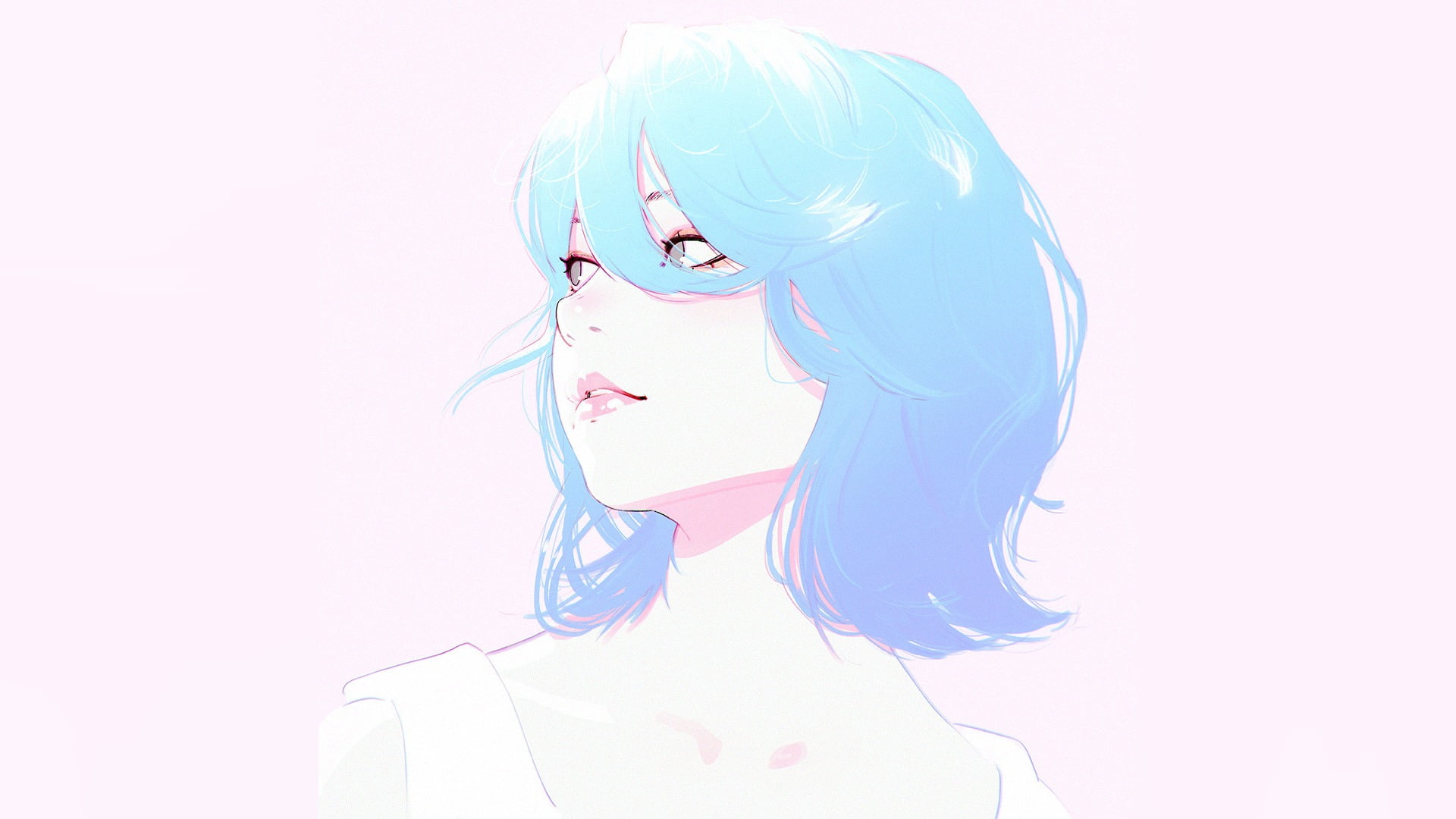 blue haired woman wearing white top digital wallpaper Ilya Kuvshinov 2k