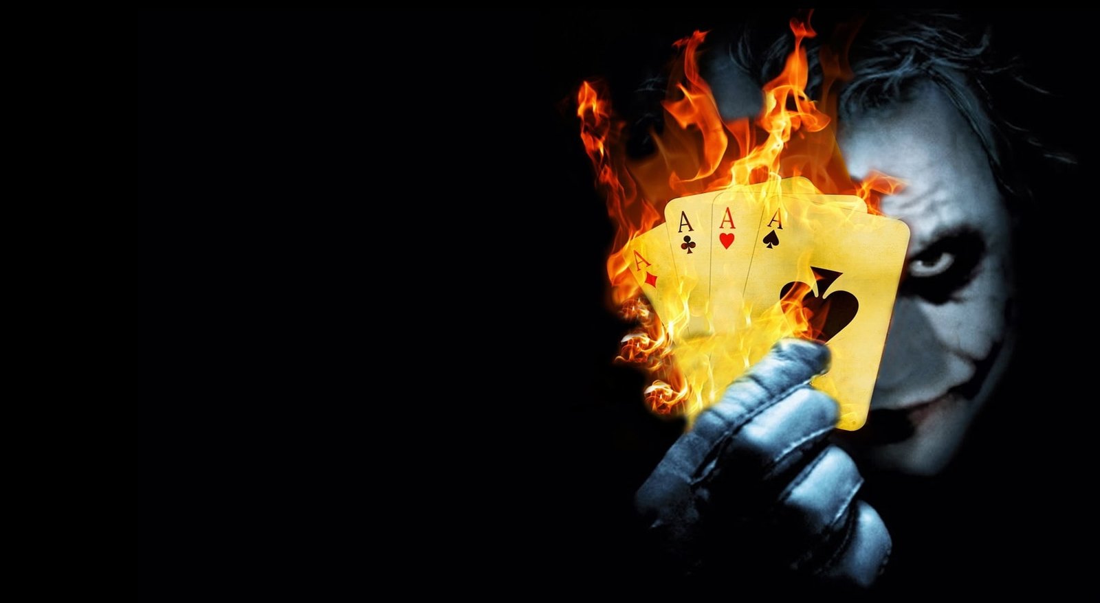 Burning Poker Joker DC The Dark Knight Rises Heath Ledger holding four aces playing cards on fire wallpaper 2k
