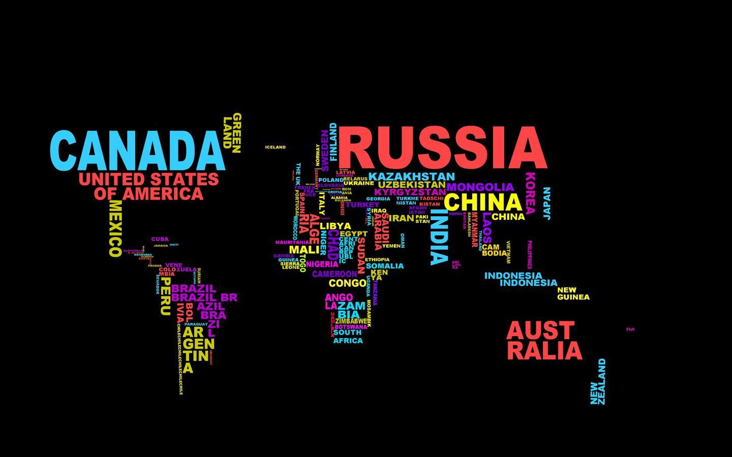 Canada and Russia text map typography colorful world
