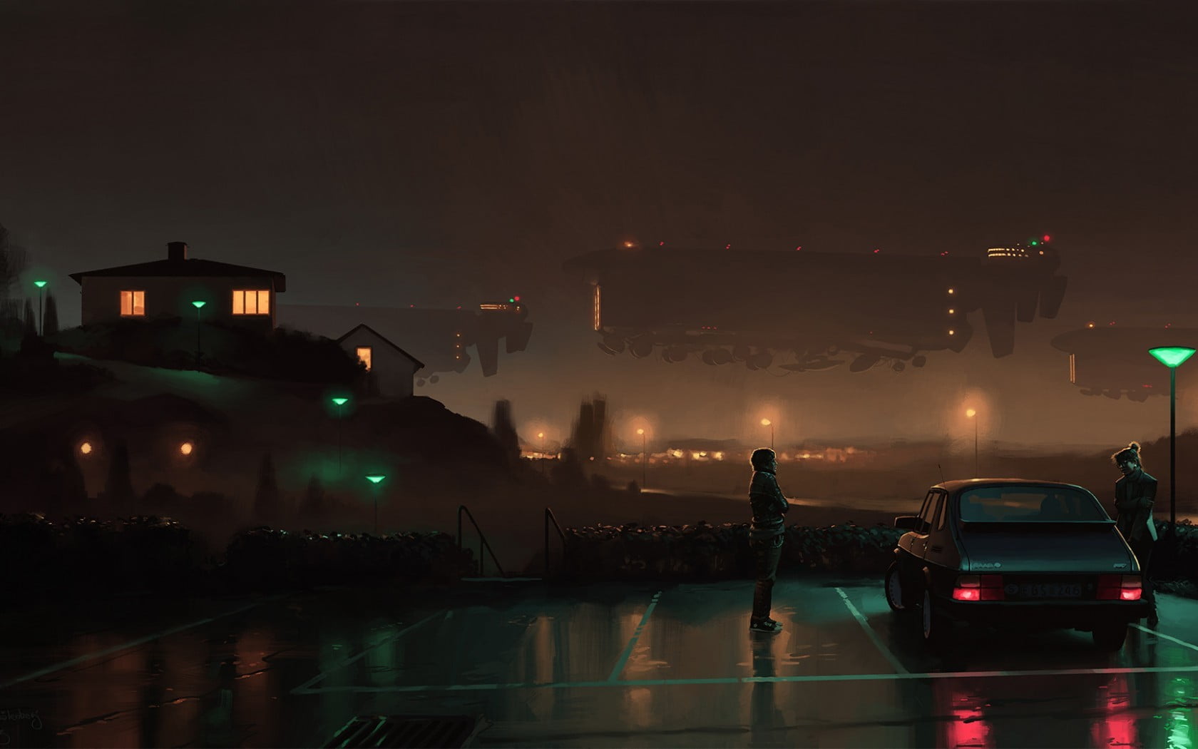game wallpaper cyberpunk futuristic Saab Simon St lenhag 2k