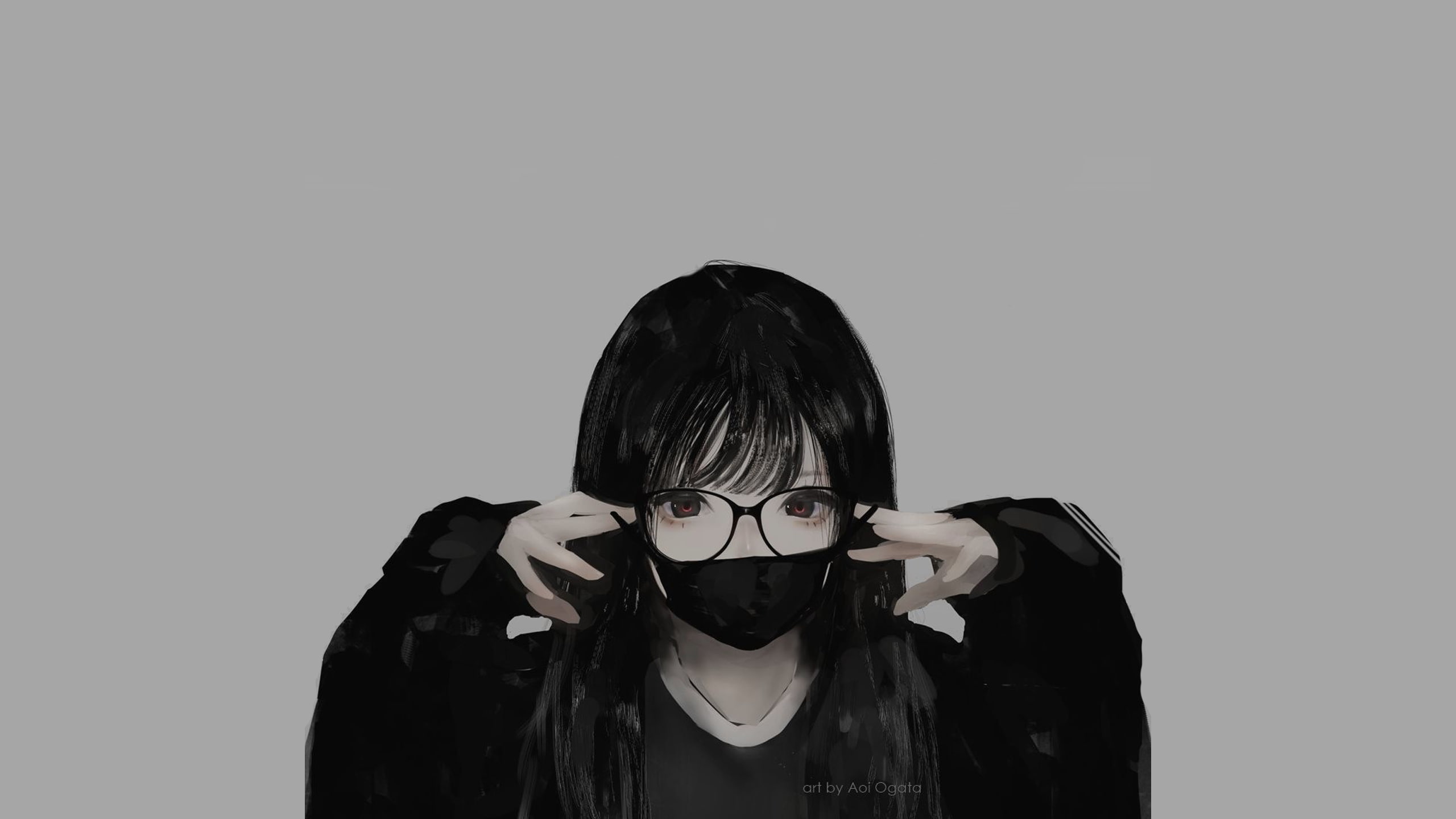 glasses minimalism monochrome mask Aoi Ogata anime girls 2k