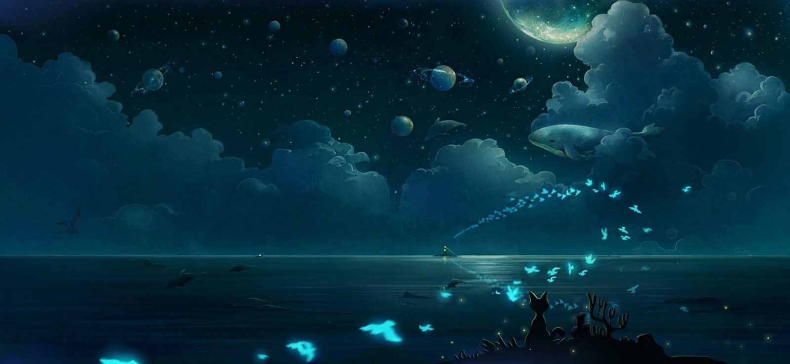 illustration of body water butterfly clouds night planet 2k