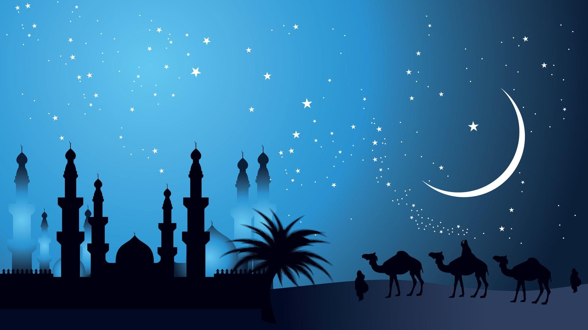 illustration mosque muslims arabian desert midnight graphics 2k