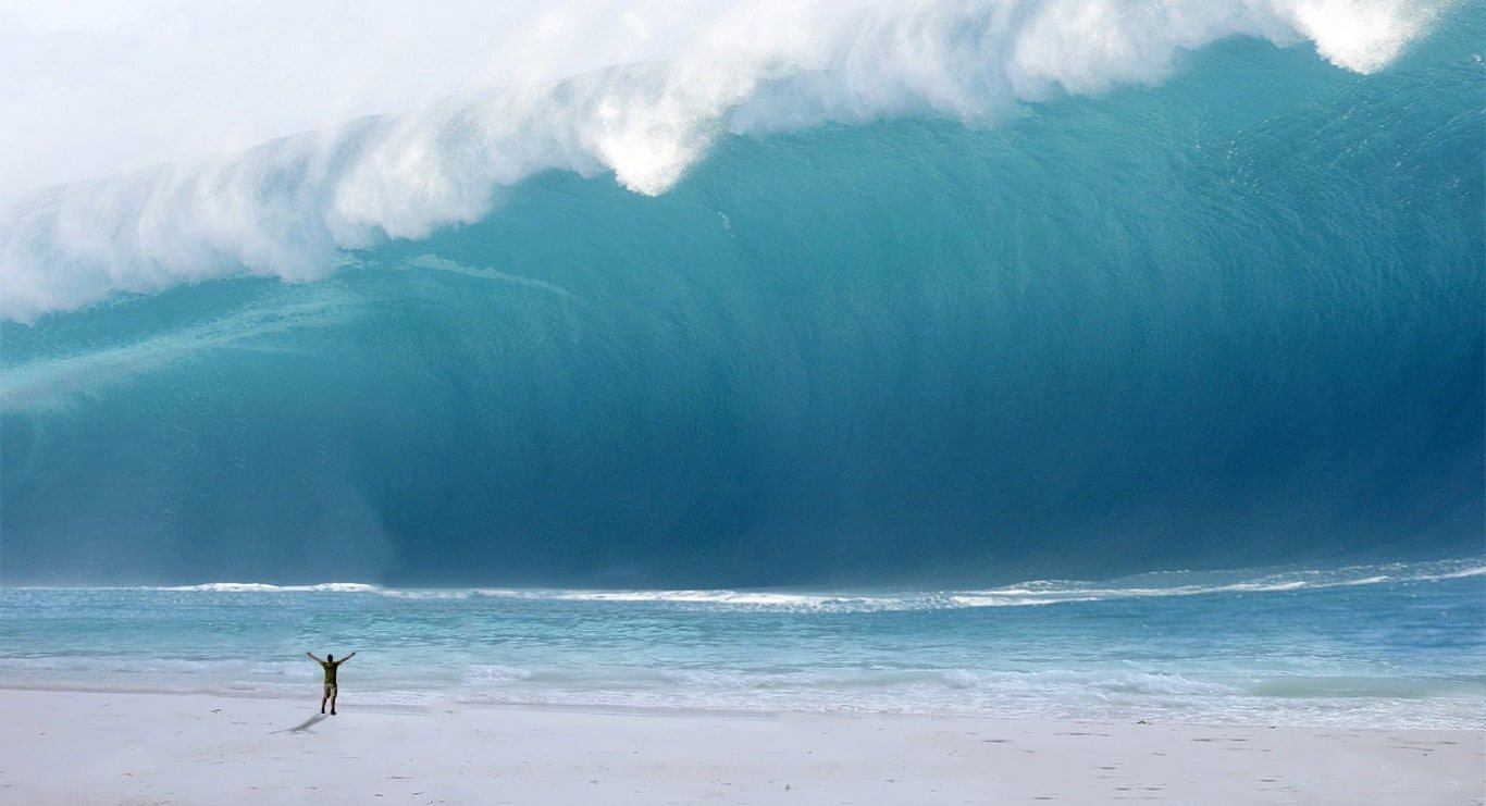 Man vs Tsunami tidal wave Funny sea water land beauty in nature