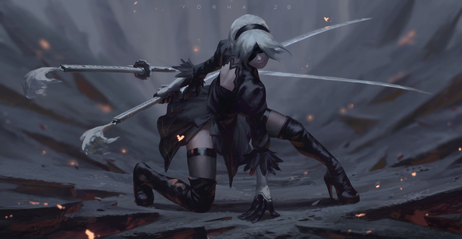 Nier Automata Z W Gu digital art warrior girls Android 2k