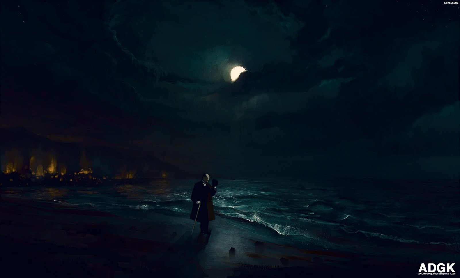 person walking on seashore digital wallpaper night beach water 2k