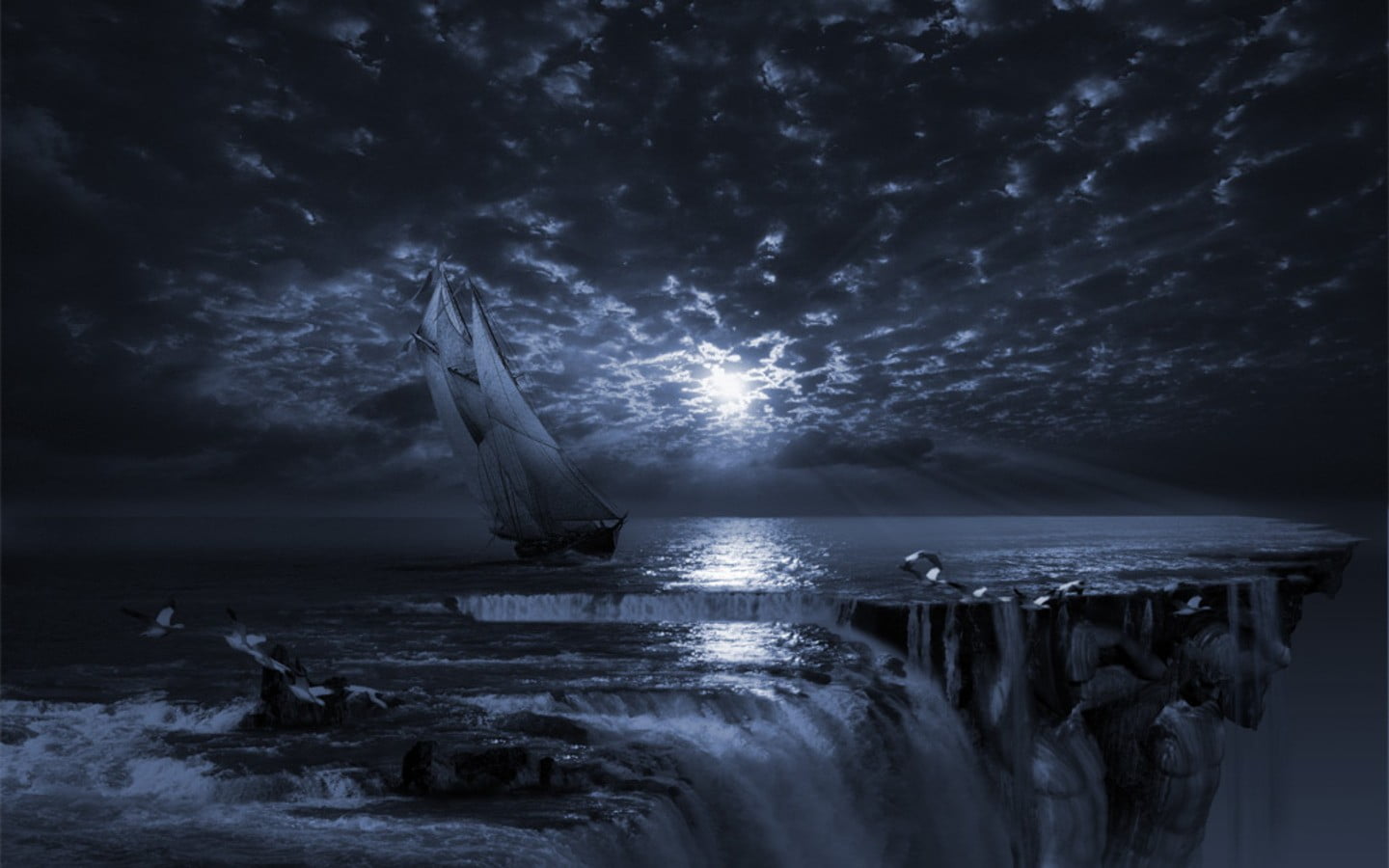 scenery of boat sailing abstract ship moon rays water