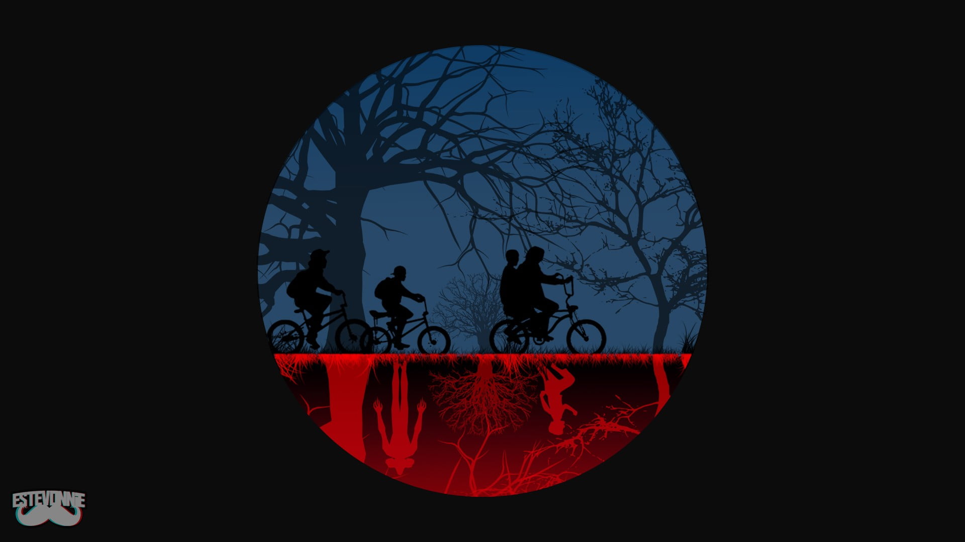 three people riding bicycles illustration Stranger Things digital art 2k