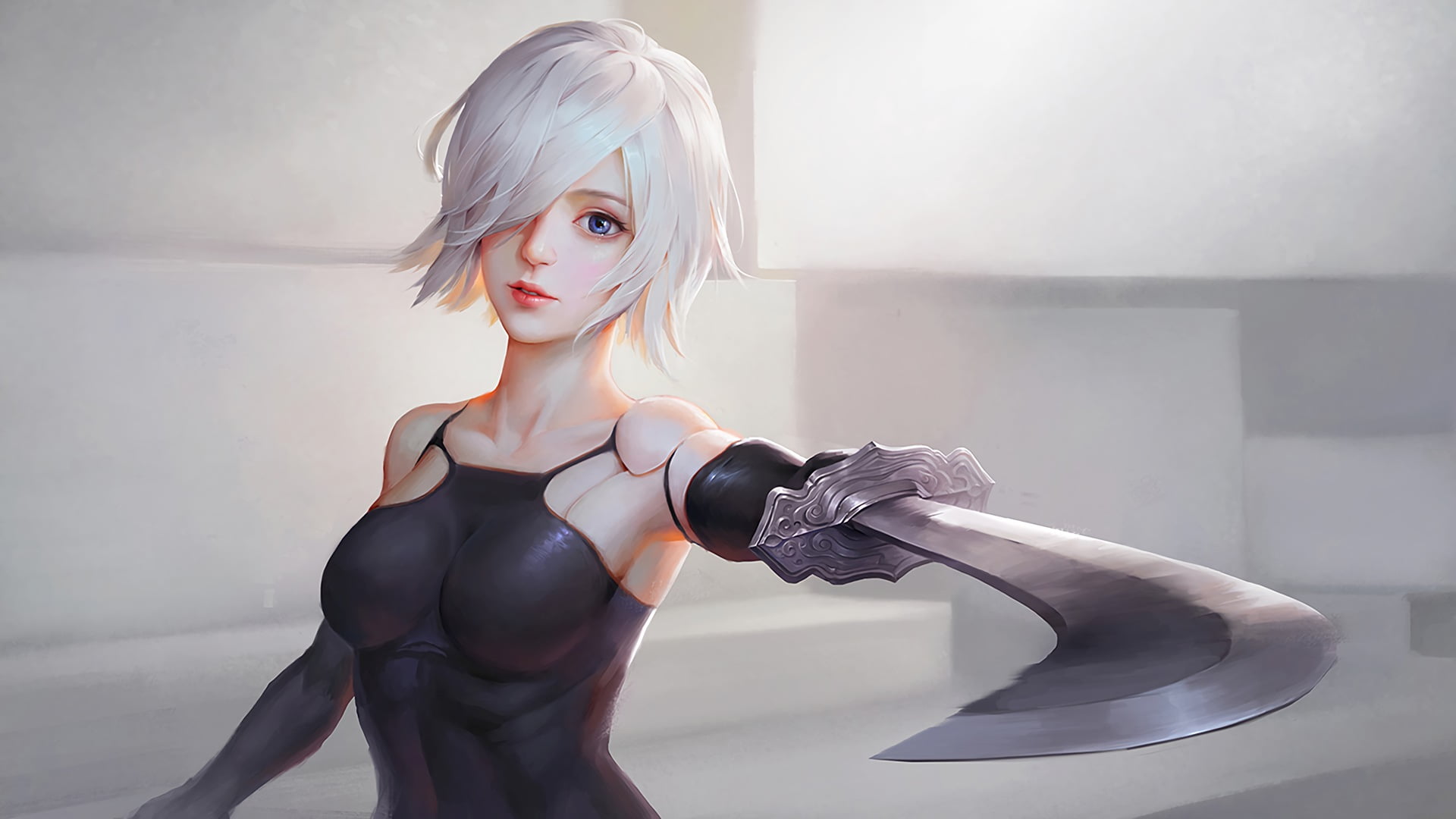 white haired woman holding sword wallpape Nier Automata women 2k