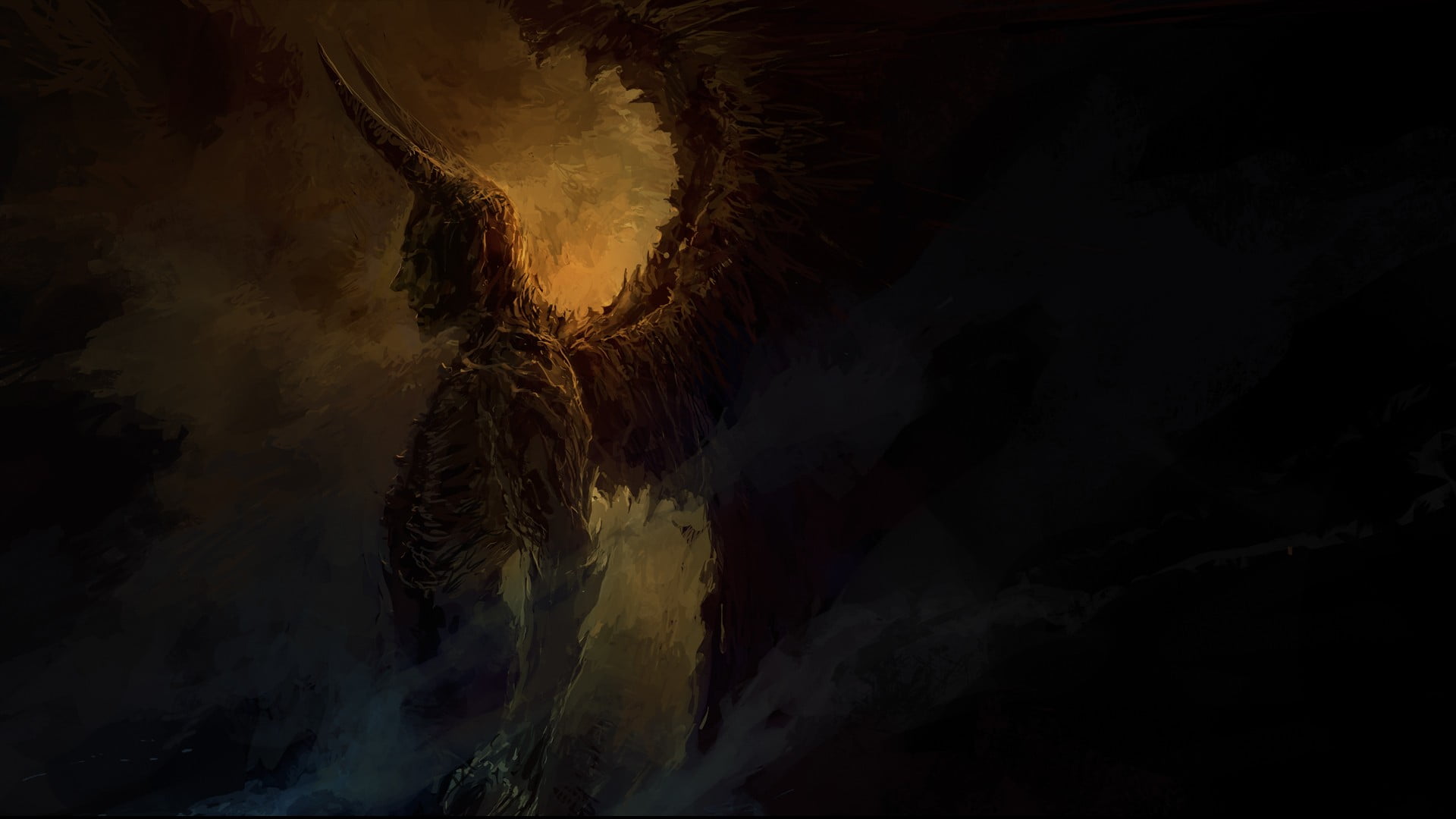 winged man with horn digital wallpaper fantasy art drawing 2k